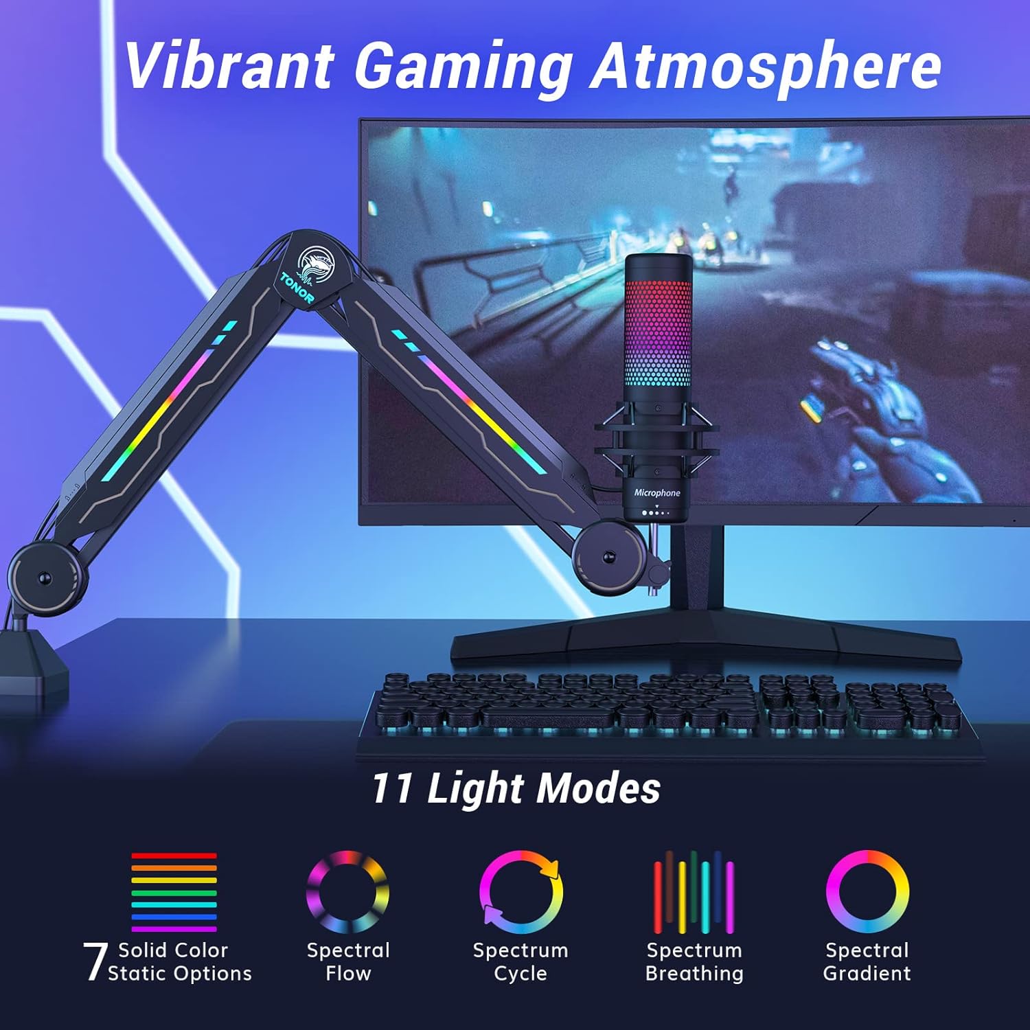 RGB Boom Arm, TONOR Adjustable Mic Stand with RGB Light, 5/8’’ Screwadapter, Excellent Compatibility, Rotatable Suspension Boom Scissor Stand for Gaming Streaming Podcasting YouTube Recording T90