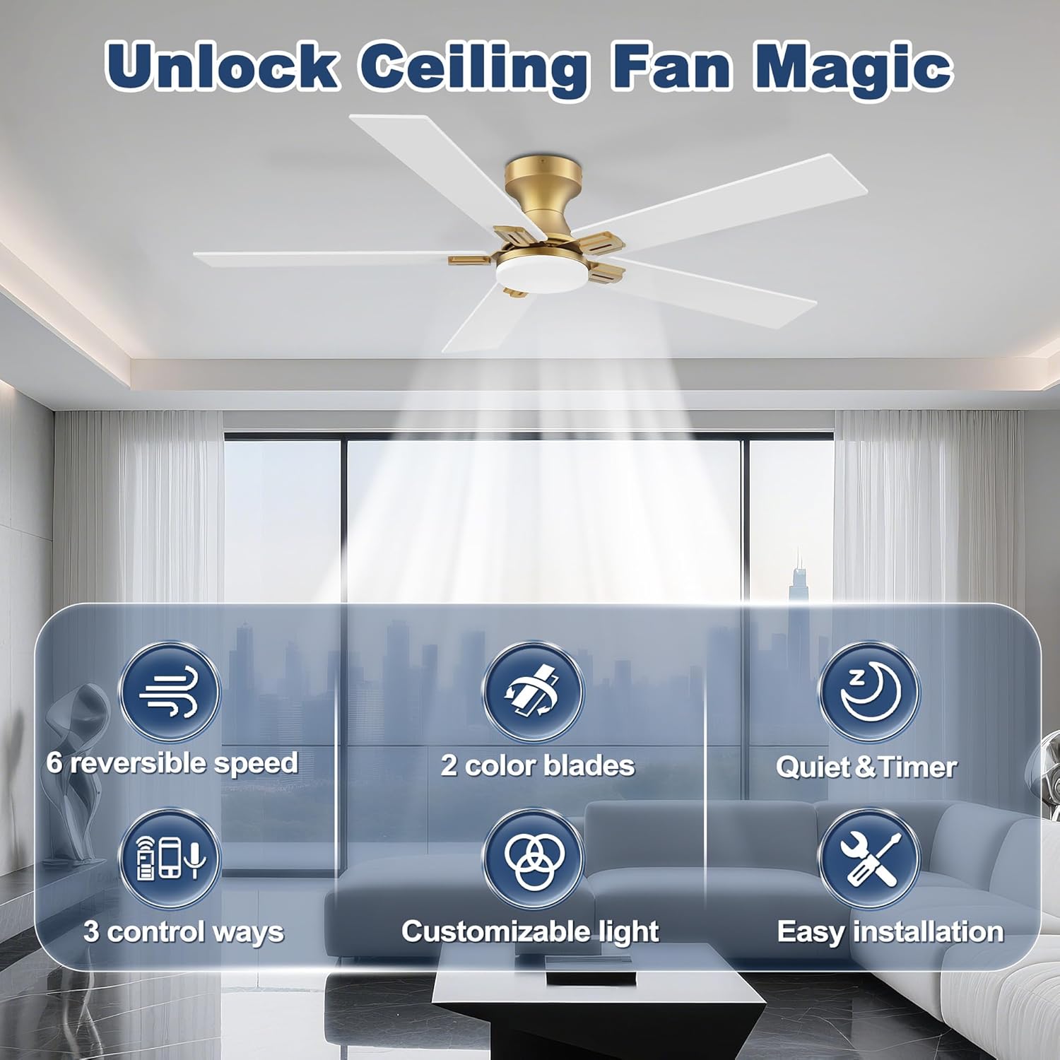 cumilo 52 inch Smart Ceiling Fan with Lights Remote,Quite DC Motor,WIFI Control via Alexa Voice,APP.Dimmable LED,Flush Mount Outdoor Indoor Ceiling Fans for Bedroom Patio Porch,Gold and White Black
