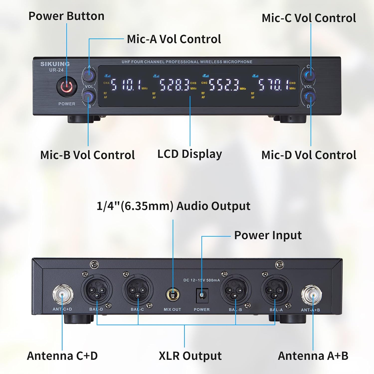 4 Channel UHF Wireless Microphone System with Lavalier Headset Mics, 4x50 Adjustable Frequencies, Ideal for Karaoke Meeting Church, 300ft Range (2 Handheld 2 Bodypack)