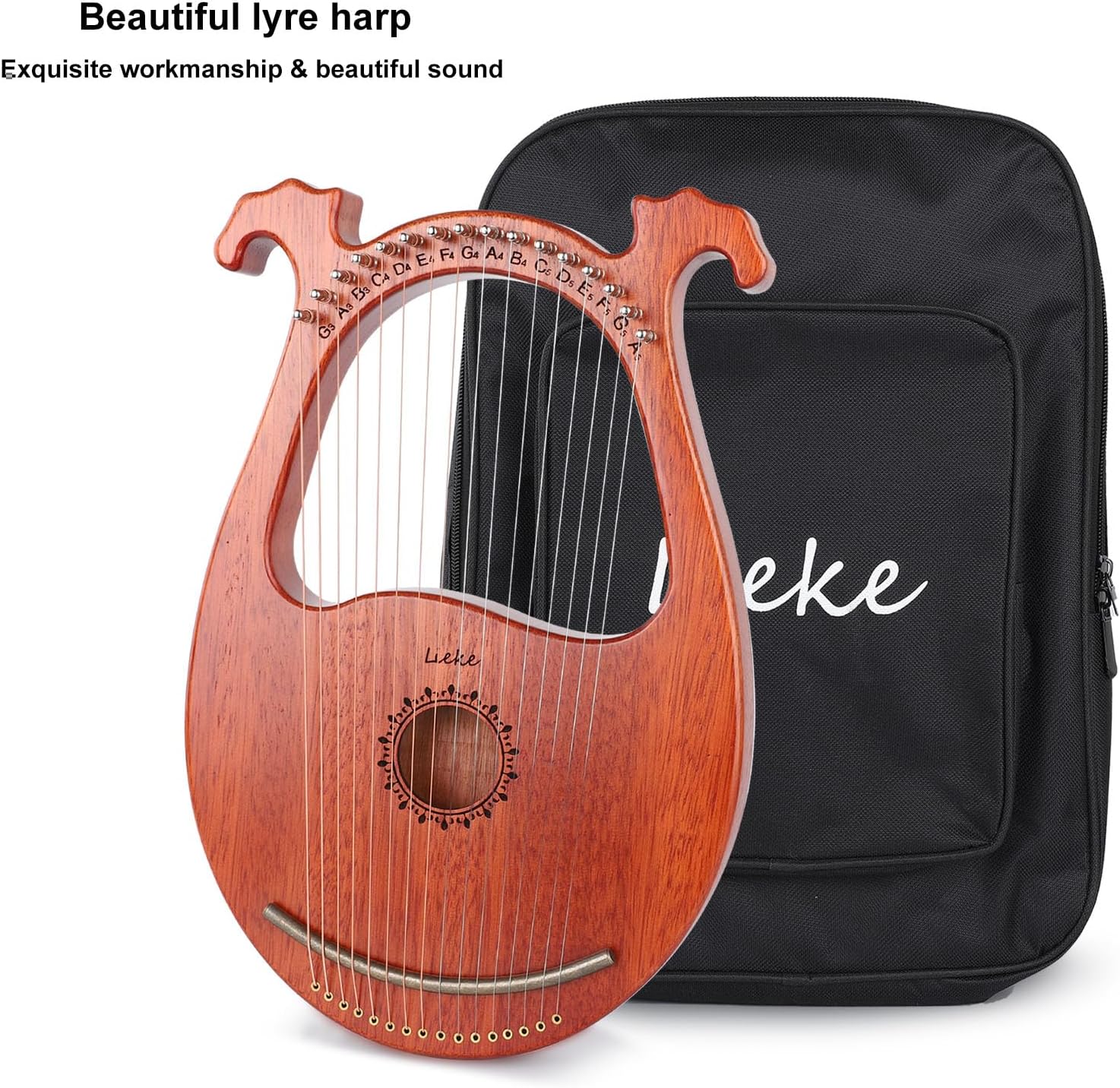 LIEKE Lyre Harp 16 Metal Strings,Mahogany Body and Copper Saddle,Mini Harp instrument Gift with Bag Tuning Wrench for Beginner Musician