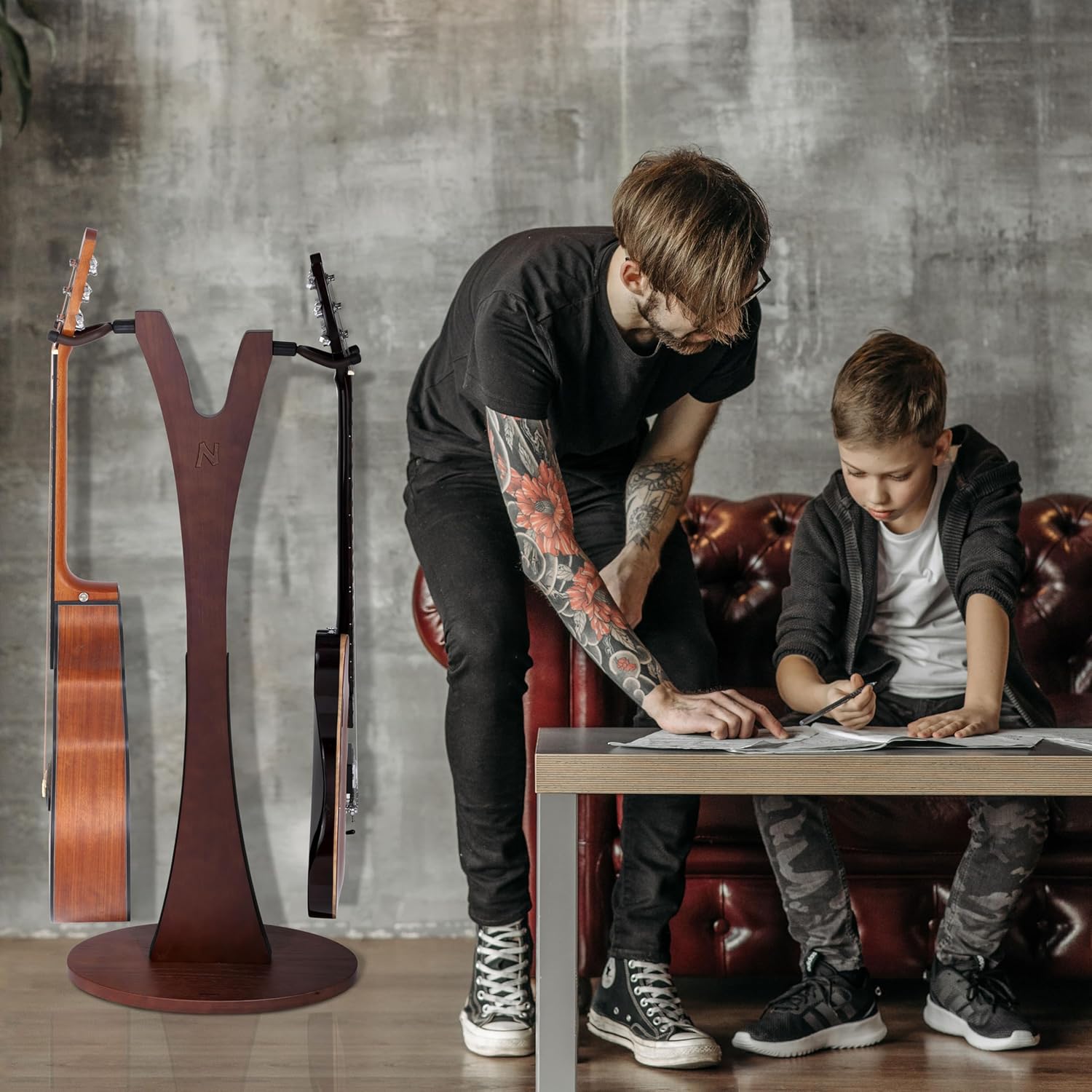 Nefelibata Wooden Guitar Stand, Handmade German Ash Solid Y-shaped Wood Racks Floor Holds 2 Guitars, for Electric Guitars, Acoustic Guitars, Classical Guitars, Banjos, Mandolins(Dark Brown)