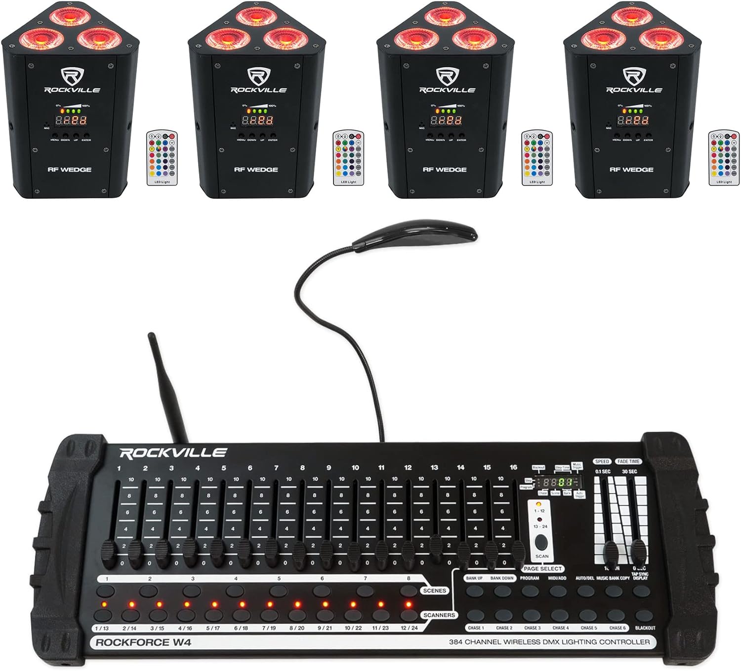 (4) Rockville RF Wedge Black RGBWA+UV Wireless DMX Up Lights+384 Ch. Controller