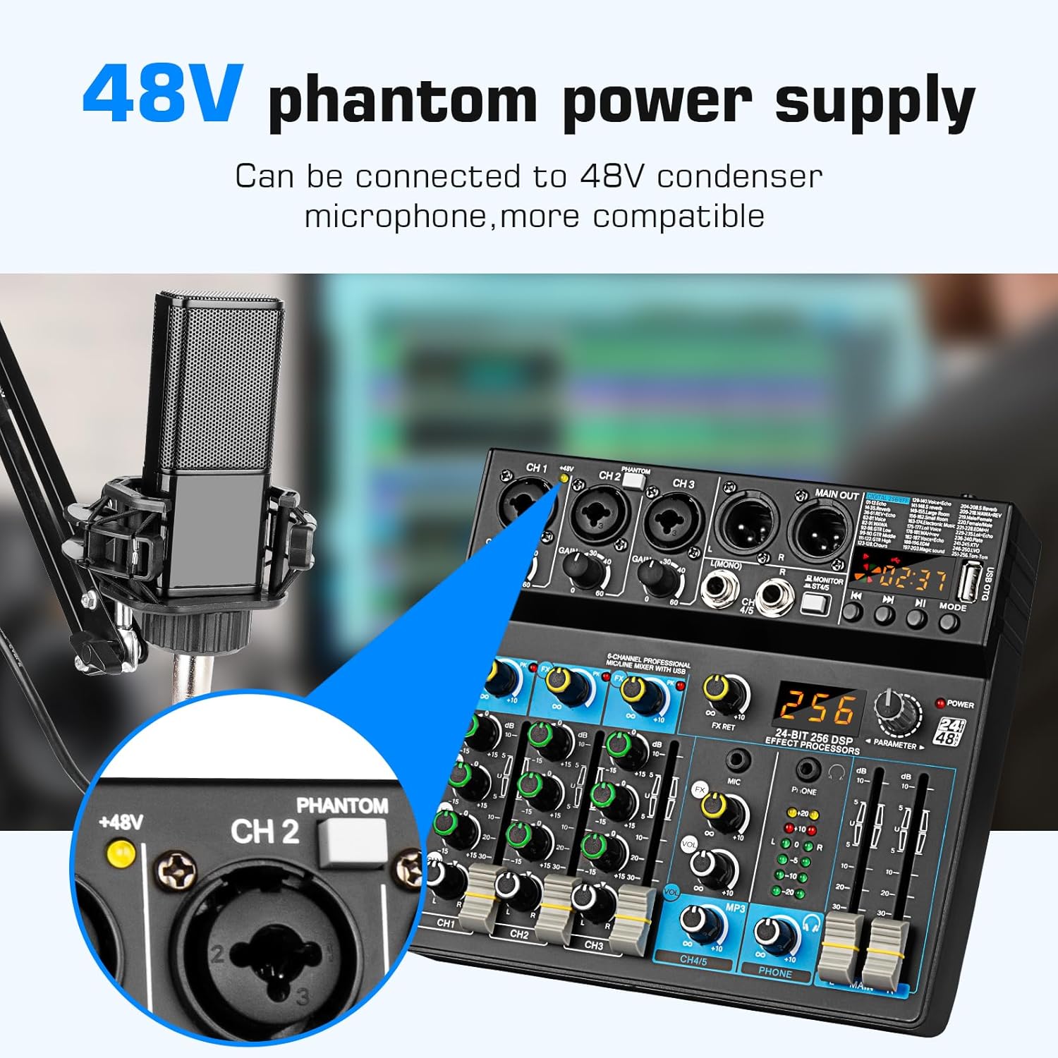 Depusheng Professional Audio Mixer Digital FX 256-Bit DSP USB Bluetooth MP3 Computer DJ Mixer 5 Channel input Interface with 48V Phantom Power for PC recording Live Streaming, Podcasting, Karaok