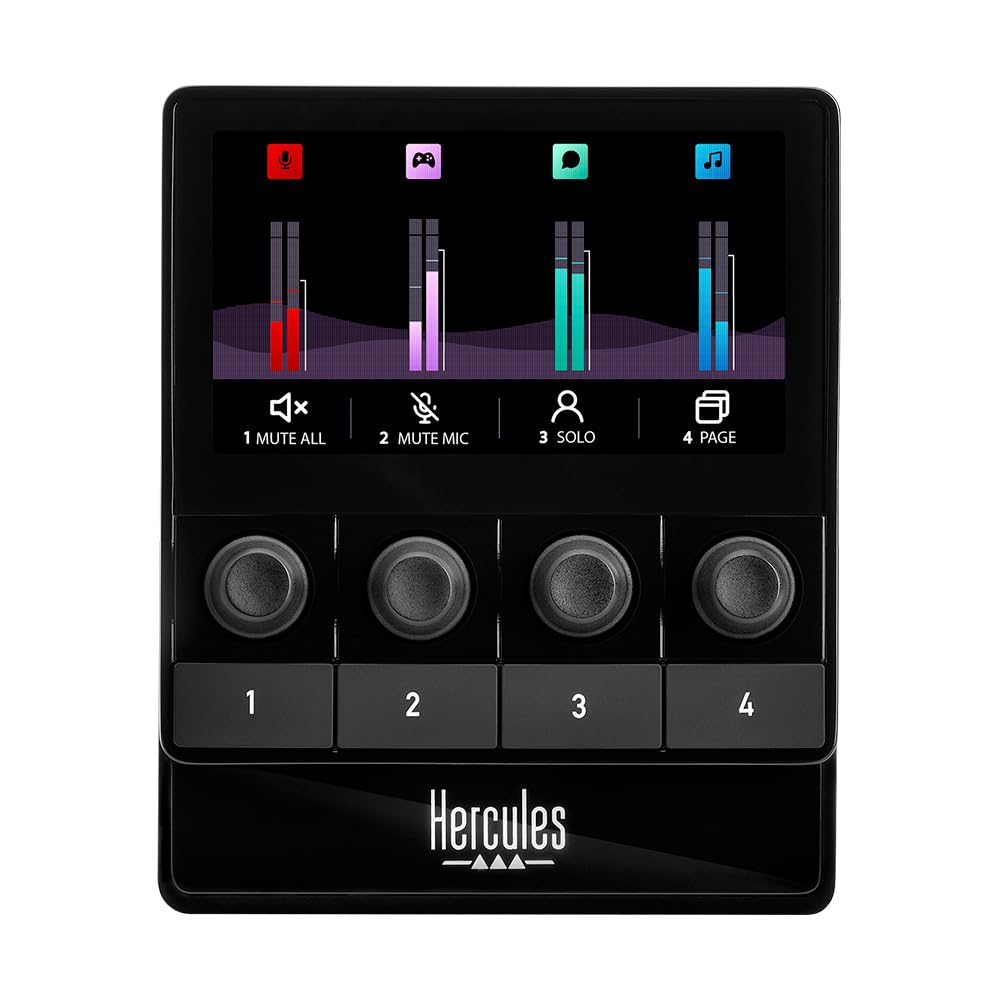 Hercules Stream 100, Intuitive audio controller to manage livestreams in real time, Up to 8 tracks, LCD Screen, high resolution encoders, 4 actions buttons and customizable interface