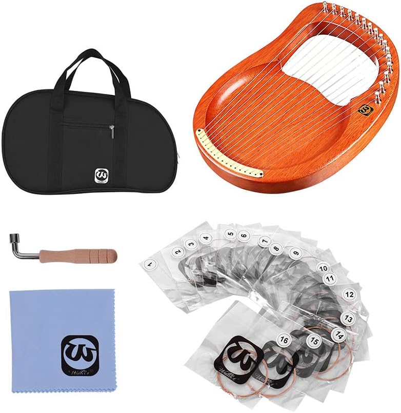 Walter.t 16-String Wooden Lyre Harp Metal Strings Mahogany Solid Wood String Instrument with Carry Bag Tuning Wrench Cleaning Cloth Strings WH16 with Carry Bag