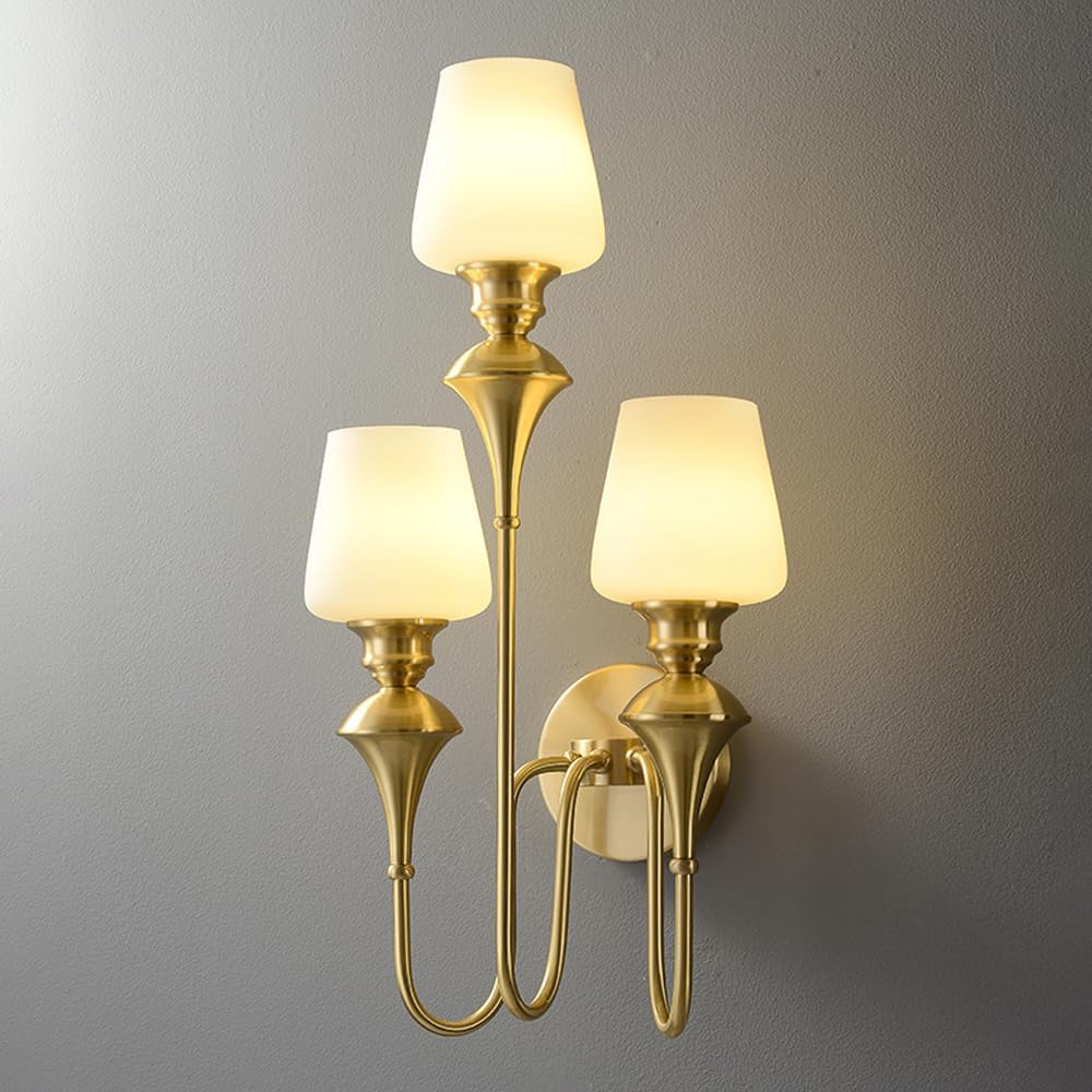 Brass Wall Lights Fixture Indoor, Vintage 3-Lights Wall Sconce Fixtures with Milky White Glass Lampshade, Mid Century Modern Gold Wall Mount Lamps Decor for Farmhouse Living Room Bedroom