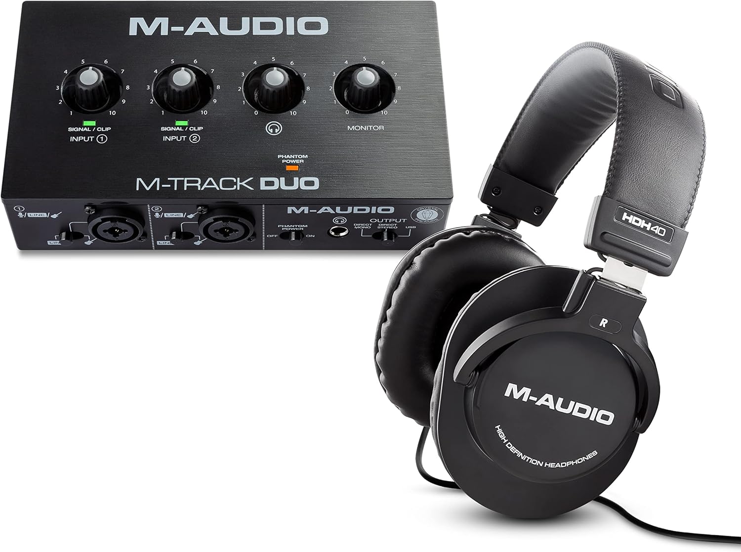M-Audio M-Track Duo – USB Audio Interface for Recording, Streaming and Podcasting with Dual XLR & HDH40 – Over Ear Studio Headphones with Closed Back Design