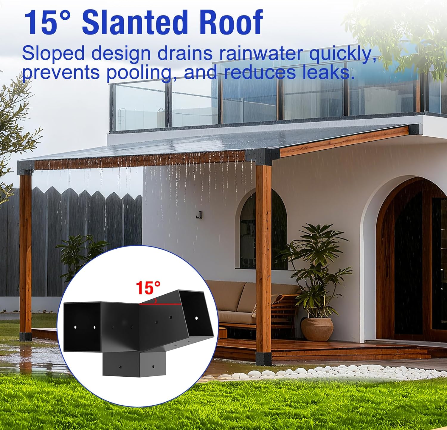 15° Slanted Roof Pergola Brackets, 3-Way Roof Wall Mount Extension Pergola Kit, Angled 4''x4'' Wood Post Base Bracket, Corner Bracket for Gazebos, Patio Pergolas, Log Cabin (6PCS)