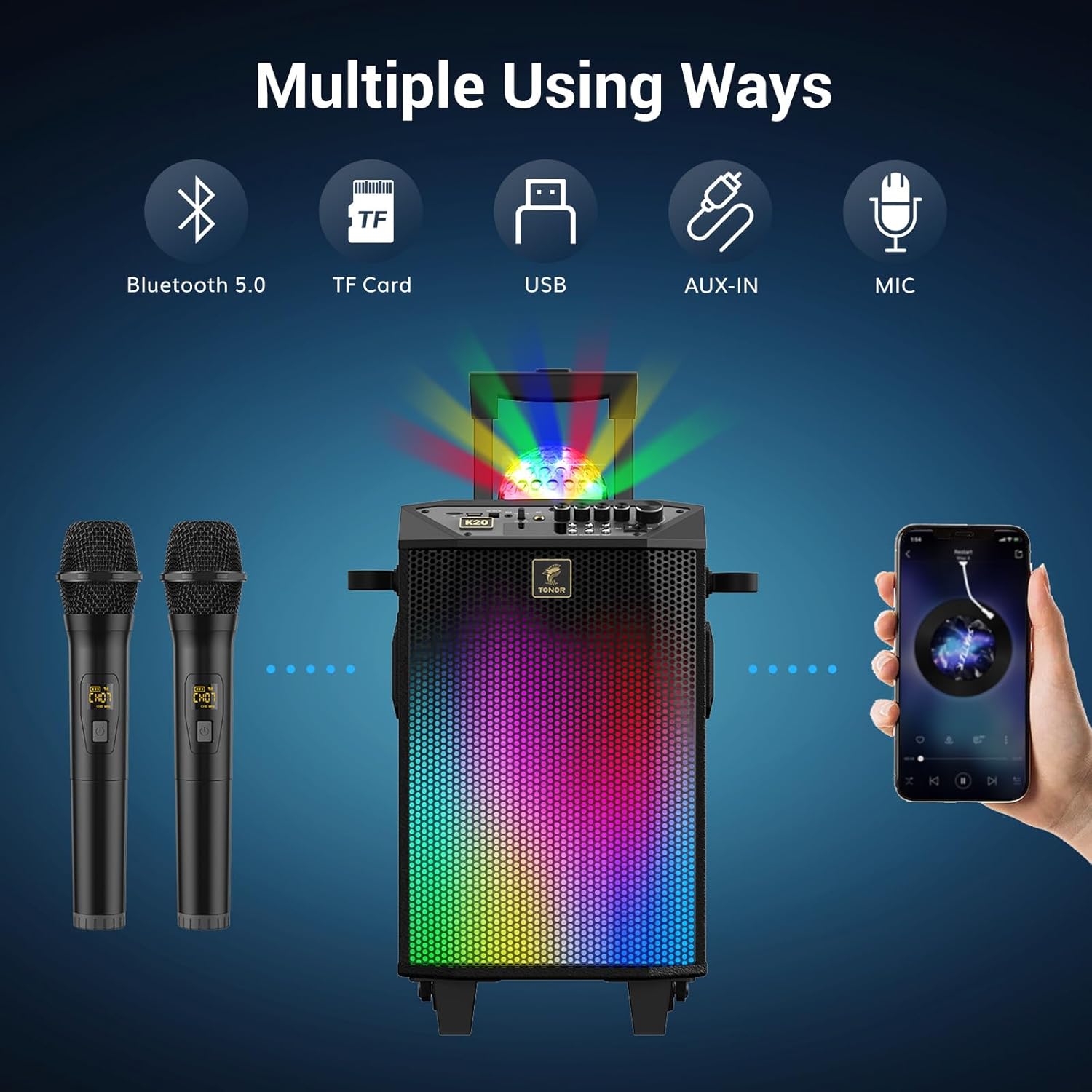 Wireless Karaoke Machine for Adults, TONOR PA System Portable Bluetooth Singing Speaker with Dual Wireless Microphones Microfono, Disco Ball for Home Karaoke, Party, Class and Church K20
