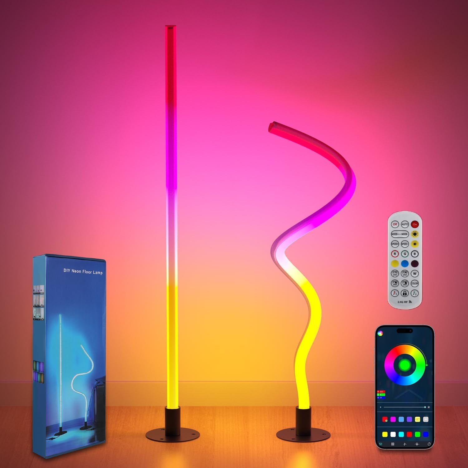 Corner Floor Lamp 2PCS, 1300Lumen Modern LED lights with Music Sync and 16 Million Colors Foldable, Timer Setting, DIY Shape Light with APP & Remote Control and bendable for Living Room,Bedroom,Room