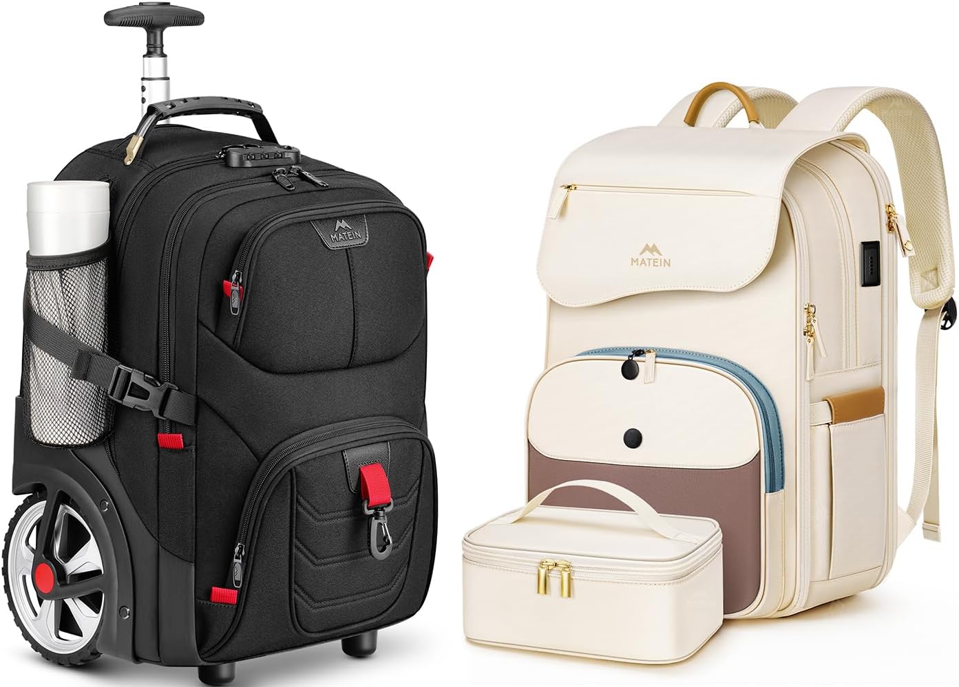 MATEIN Rolling Bag with Wheels, Professional Womens Backpack for Work, 15.6 Inch Backpack for Women Work with Makeup Organizer Pocket & Lunch Box