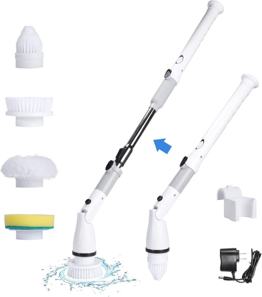 Electric Spin Scrubber Cordless Power Scrubber Cleaning Brush with Adjustable Detachable Long Handle & 4 Replaceable Brush Heads Household Cleaning Supplies for Bathroom Shower Floor