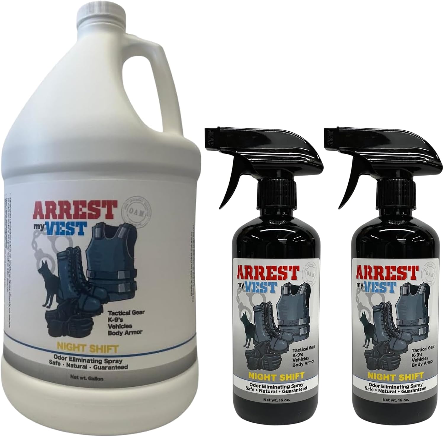Arrest My Vest Military Grade Odor Eliminating Spray for Body Armor, Tactical Gear, and K9 Equipment. Safe on Ballistic Vests, Fabrics, & Police Gear - Night Shift Fragrance 1 Gallon + 2 16 oz Bottles