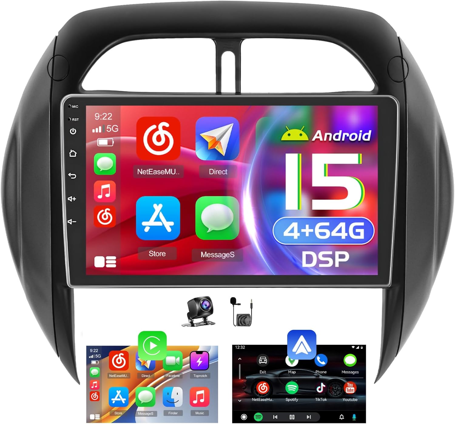 [DSP 4+64G] Android 15 Car Stereo for Toyota RAV4 2003 2004 2005, Hikity 9'' IPS Touch Screen Radio Wireless Carplay Android Auto Bluetooth GPS/5G WiFi 32EQ/FM Mirror Link SWC, 1280P+Backup Cam+Mic