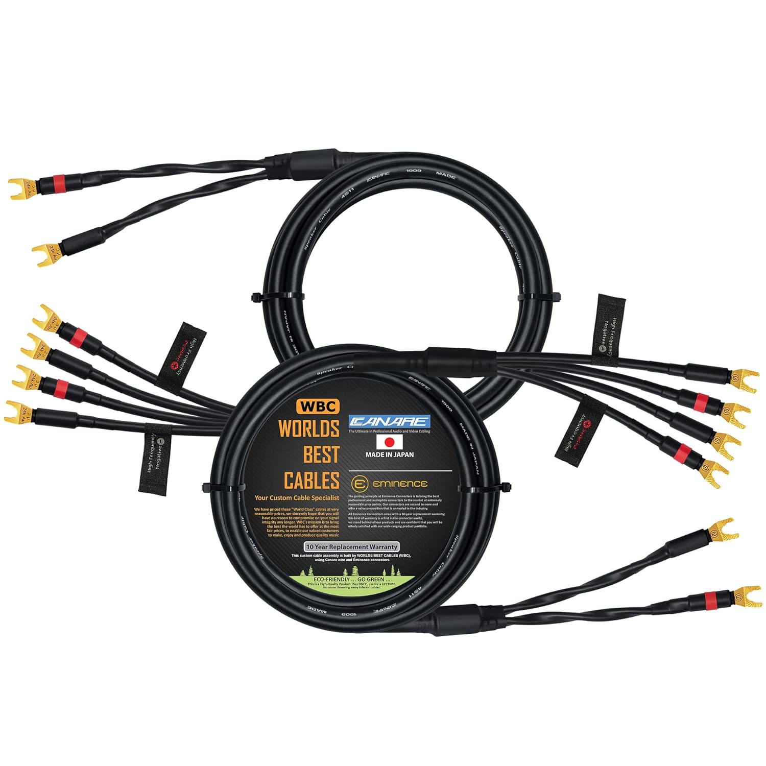 WORLDS BEST CABLES 6 Foot - Canare 4S11 – Audiophile Grade - HiFi Star-Quad Bi-Wire Speaker Cable Pair with Eminence Gold Spade Connectors