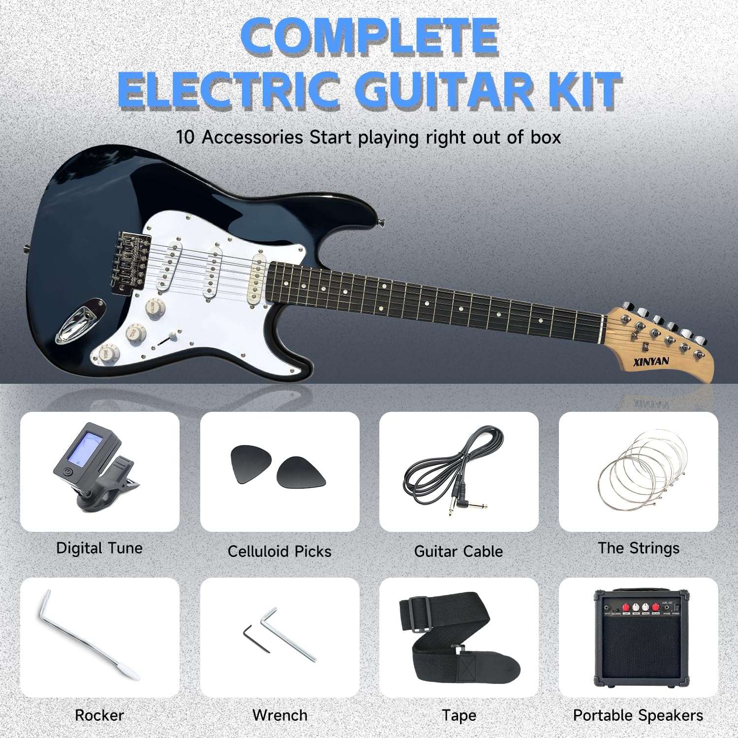 39in Full Size Beginner Electric Guitar Starter Kit w/Case, Strap, 20W Amp, Strings, Pick, Tremolo Bar (Black Guitar)