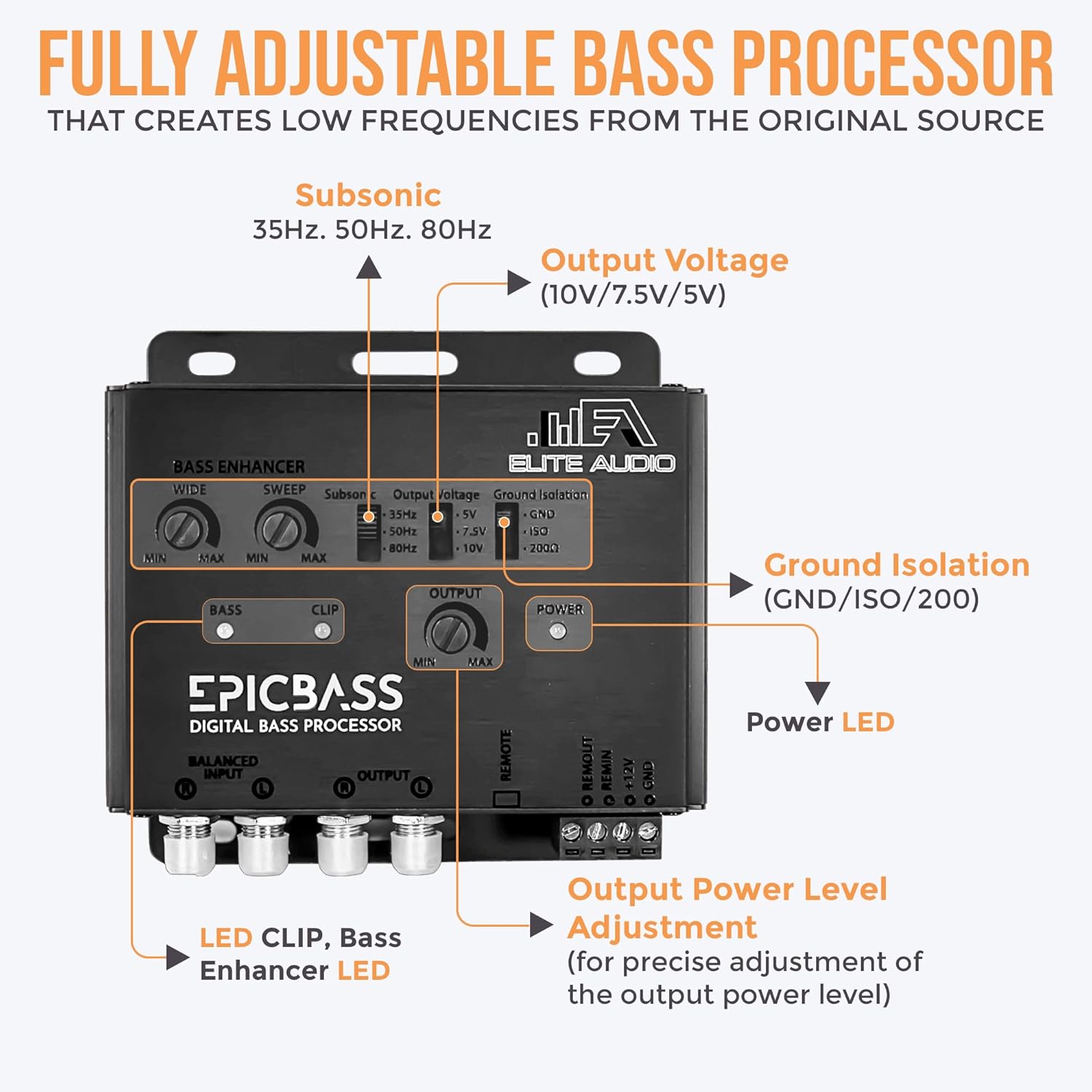 Elite Audio Epic Bass Digital Bass Restoration Kit - Epic Bass Processor with 3ft. & 17ft. Oxygen Free RCA Cables - Boosted Bass Performance, Remote Bass Control