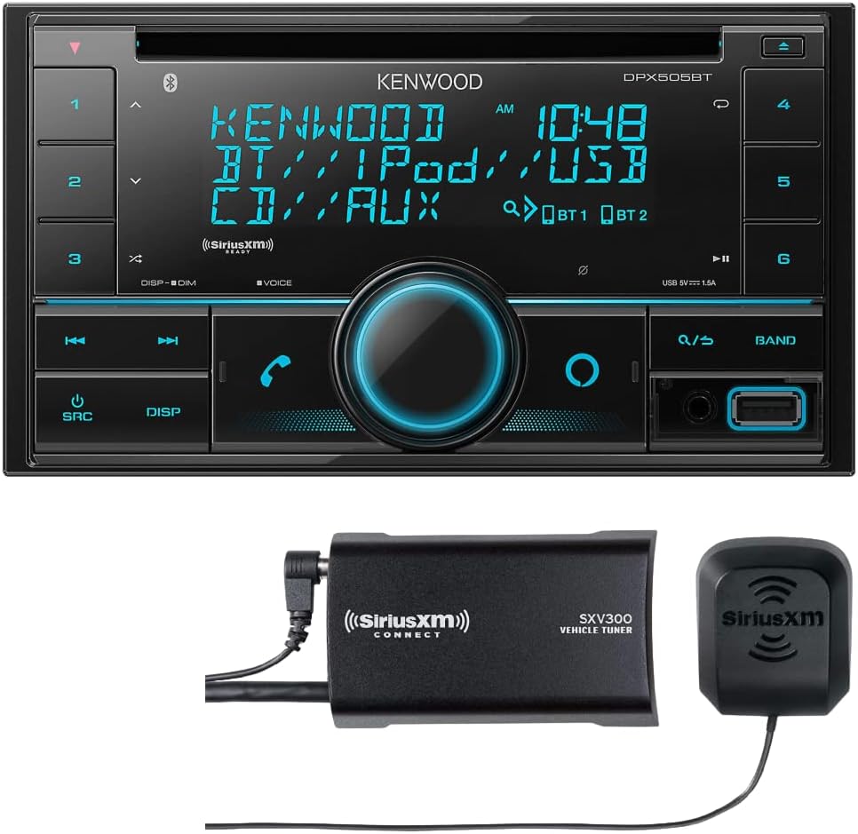KENWOOD DPX505BT Double DIN in-Dash CD Car Stereo. AM/FM with Bluetooth, Amazon Alexa Voice Control, High-Contrast 3-line Display with Variable-Color Illumination Plus SXV300V1 SiriusXM Tuner