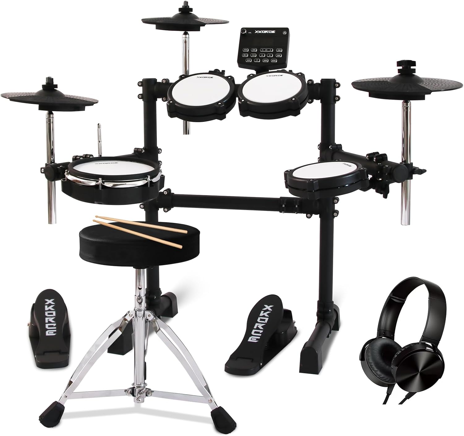 Electronic Drum Set Electric Drum Kit with 4 Quiet Mesh Pads, 360 Sounds, 2 Pedals, Headphones, Sticks, Dual Bluetooth function, Suit for Beginner