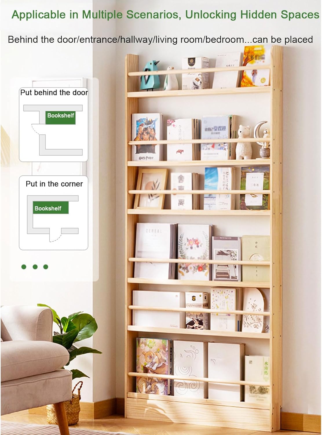 Behind The Door Bookshelf Solid Wood Bookcases with Open Display Shelves Behind The Door Storage Organizer for Toys and Books Space-Saving Wall Mount Narrow Book Shelf,60 * 10 * 143cm