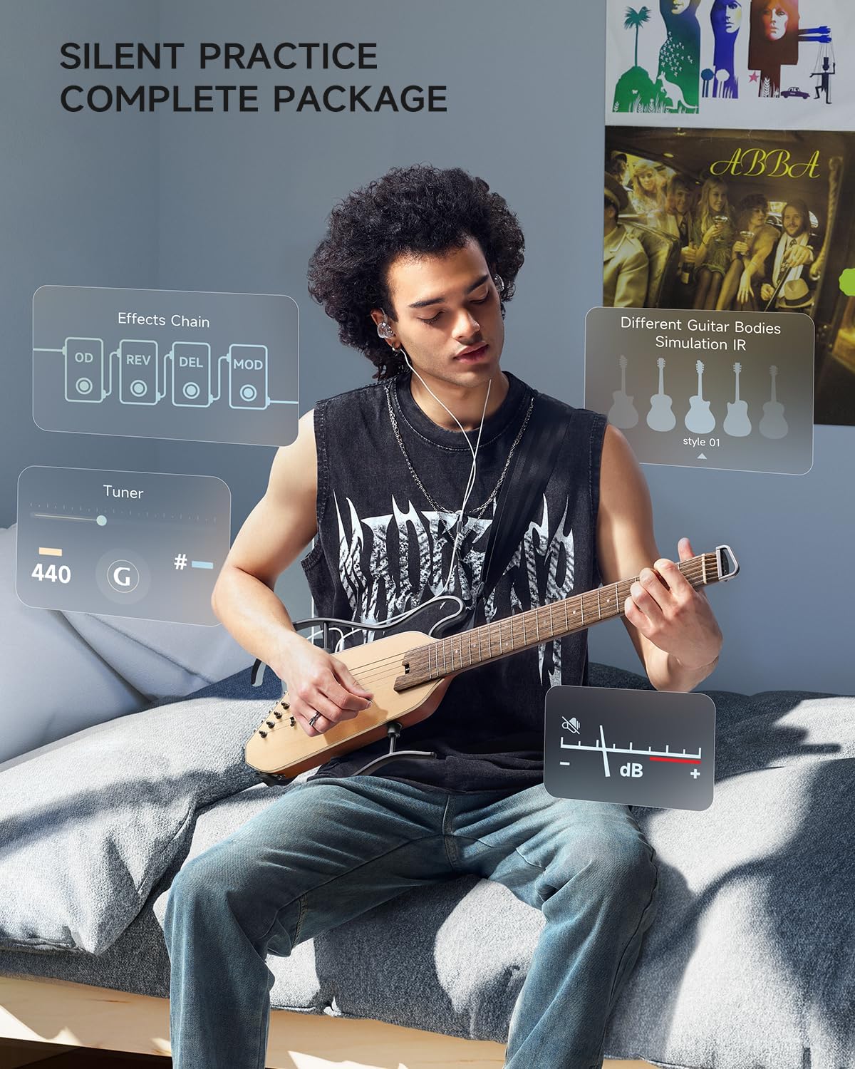 Donner Acoustic Electric Guitar HUSH I PRO Travel Guitar with Multiple Effect Modes Smart Guitarra Kit of Earphone, Gig Bag, Strap, Charging Cable