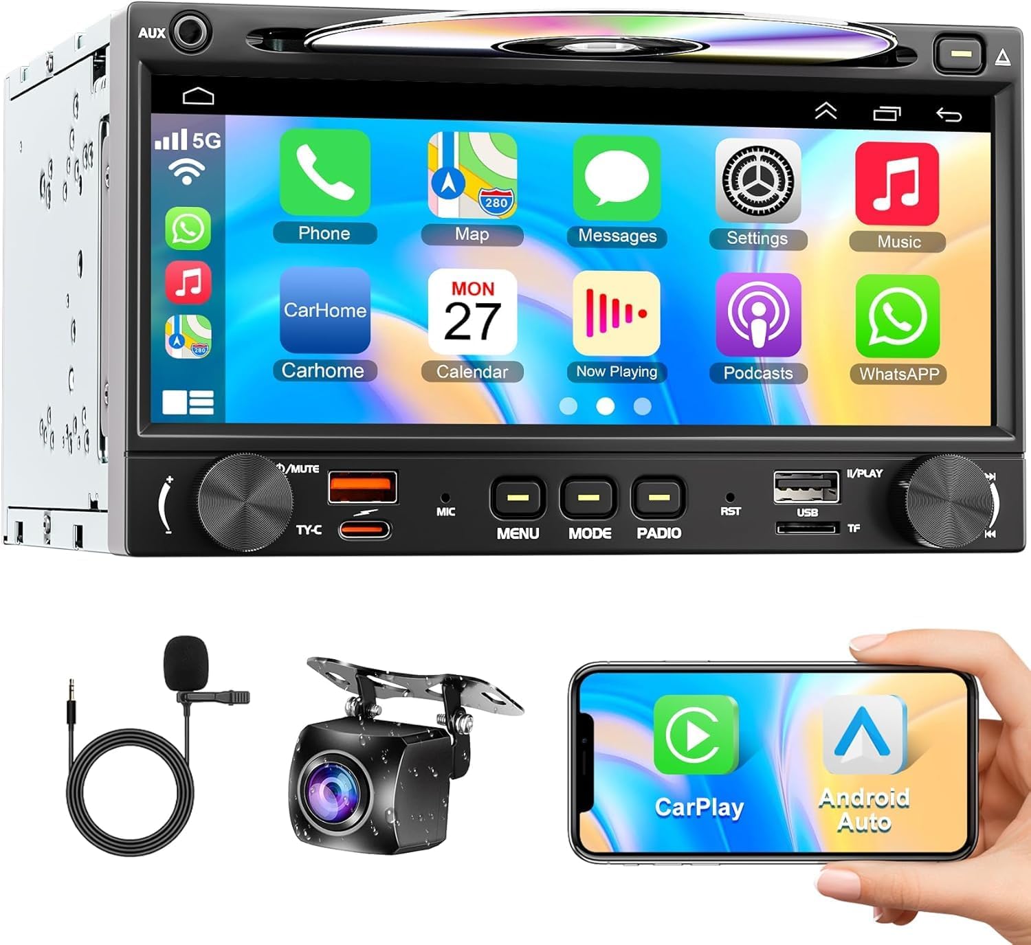 Wireless Double Din Car Stereo Radio with CD/DVD Player, Carplay & Android Auto, 7 inch Car Audio with HD Touchscreen, Bluetooth, Mirror Link, Backup Camera, SWC, FM/AM, USB/SD, A/V Input.