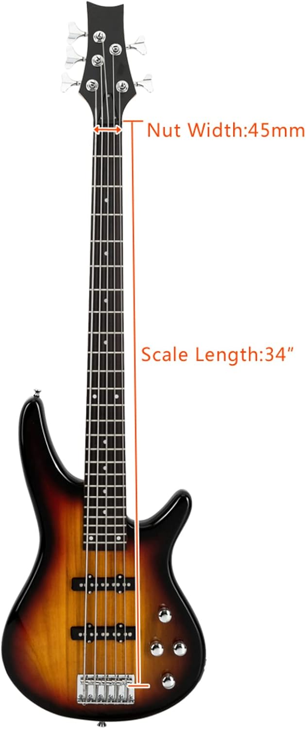 Ktaxon 5 String Electric Bass Guitar, Full Size Standard Right Handed Rosewood Fretboard Bass Kit with Gig Bag Strap Cable Wrench Tool (Sunset)