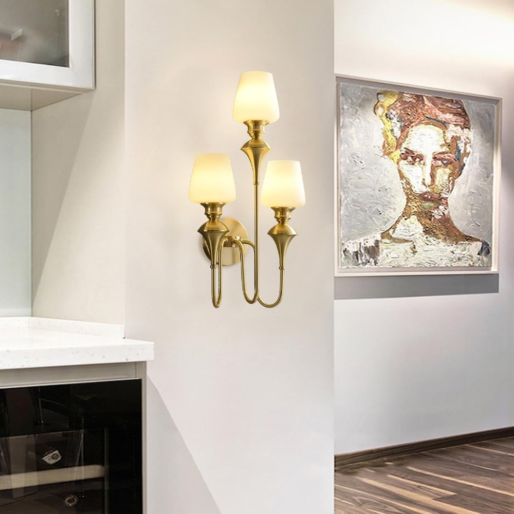 Brass Wall Lights Fixture Indoor, Vintage 3-Lights Wall Sconce Fixtures with Milky White Glass Lampshade, Mid Century Modern Gold Wall Mount Lamps Decor for Farmhouse Living Room Bedroom