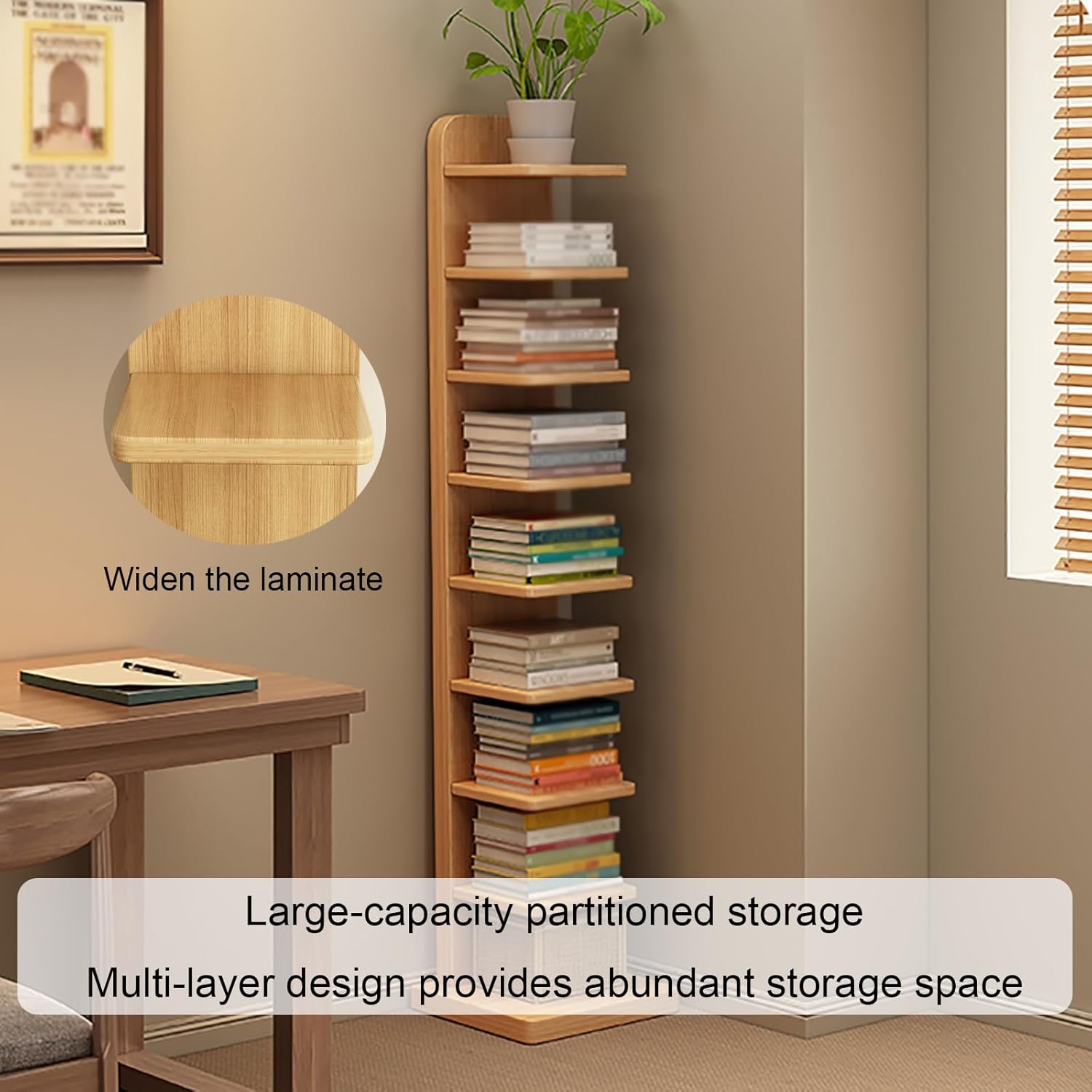 Modern Vertical Bookshelf Tower, Free Standing Bookcase Open Shelves, Simple Narrow Invisible Floor Wall Bookshelf for Small Spaces, Living Room, Bedroom, Office(Brown,87cm/34.2in)