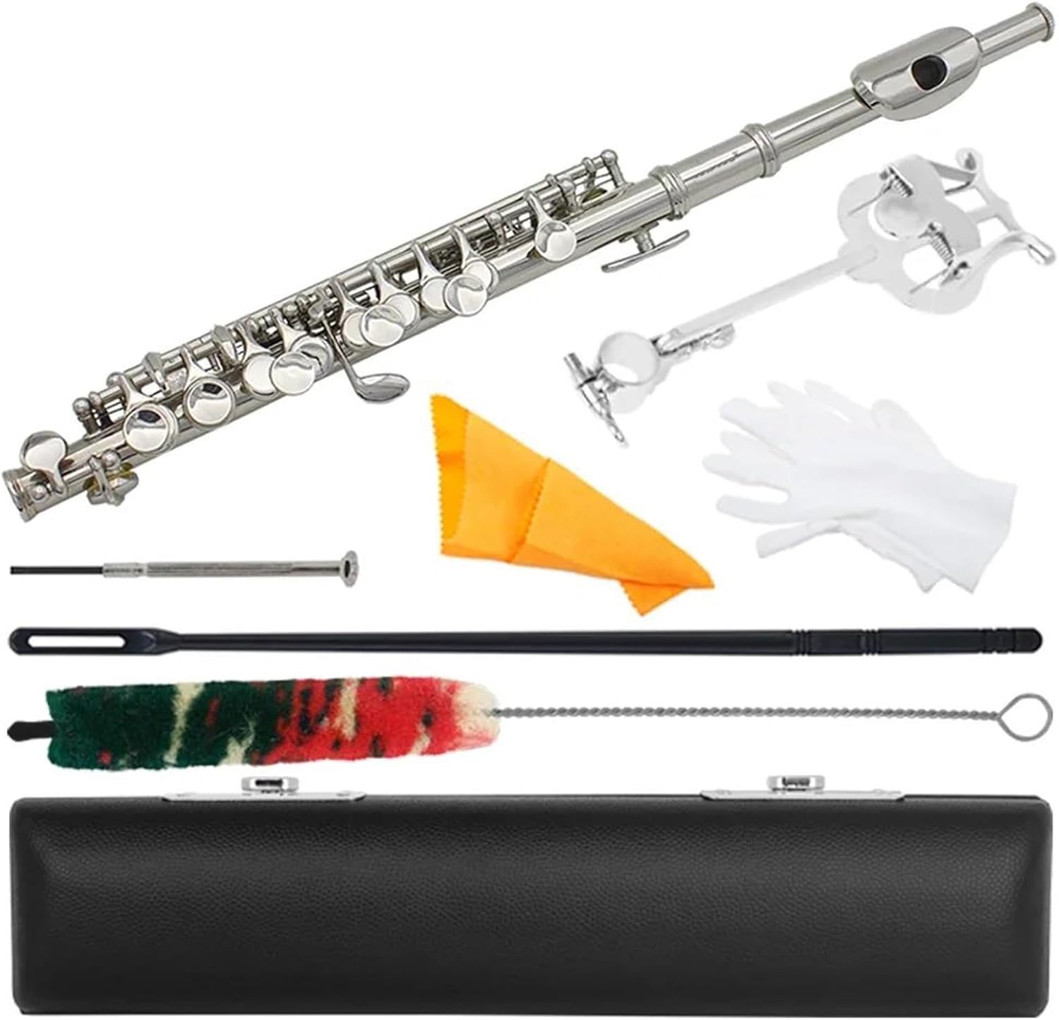 Professional Flute Piccolo 16 Holes C Key Piccolo Cupronickel Body Half-size Flute Woodwind Instrument With Case Music Stand Set(Silver)