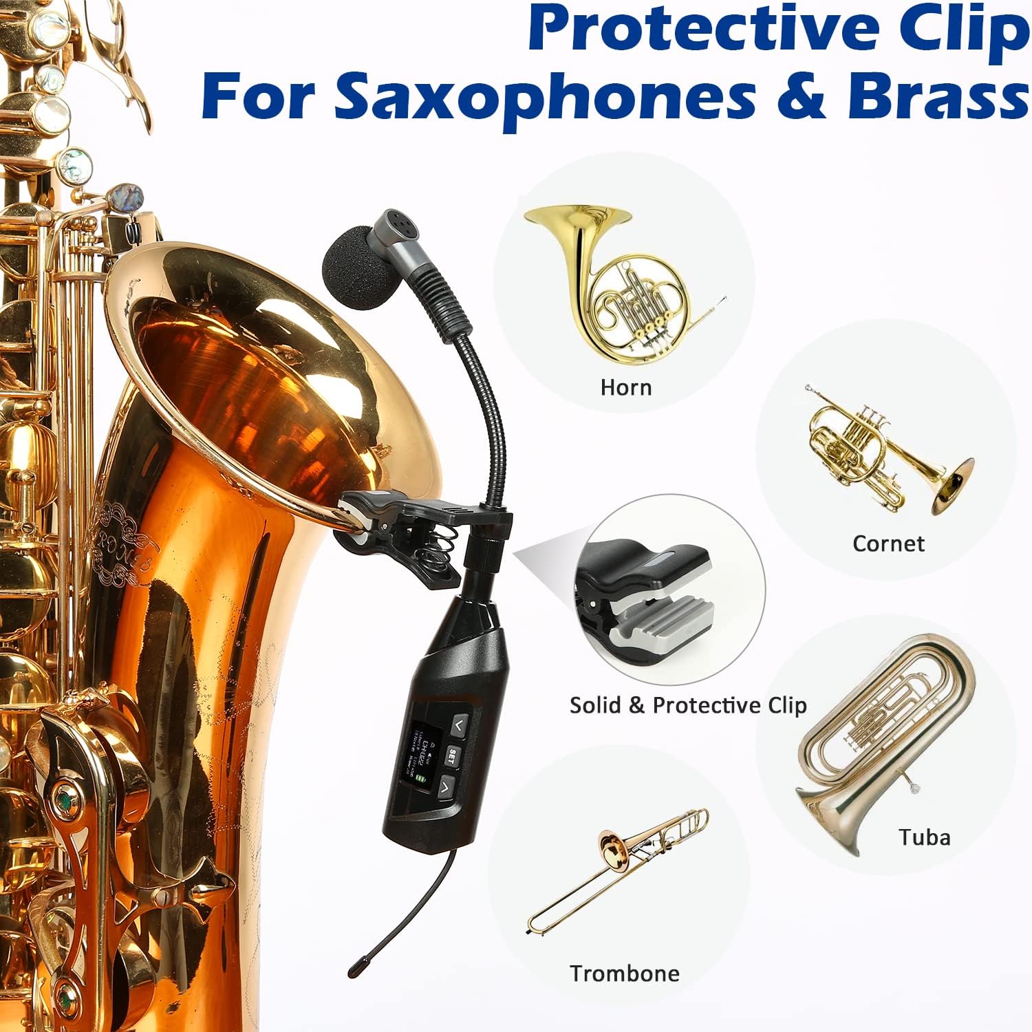 Wireless Saxophone Microphone System, Clip-On Instrument Microphone for Sax and Trumpet, Preset EQ & Echo Level 196 Ft Transmission Rechargeable Compact Transmitter and Receiver 4.5 Hours