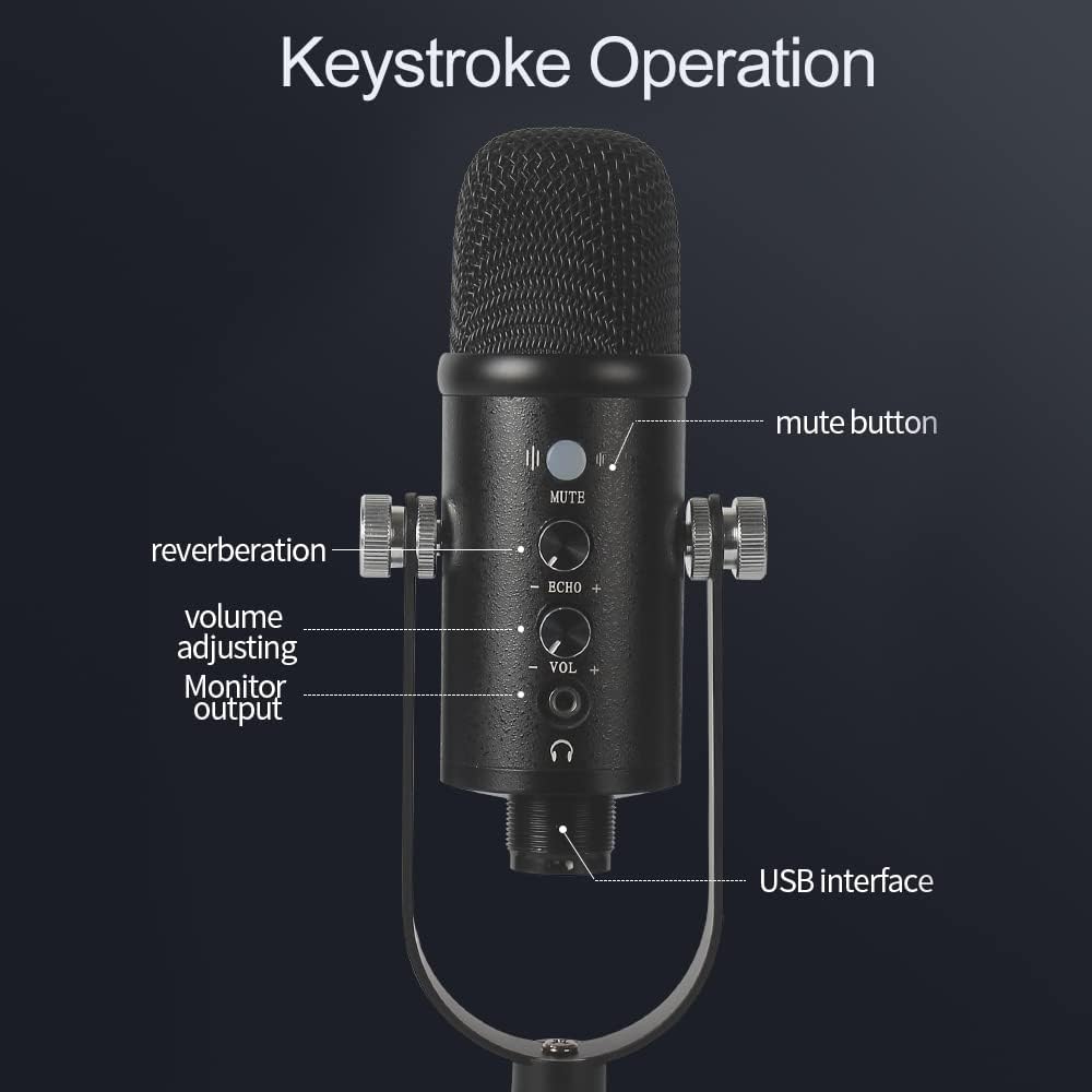 USB Condenser Microphone Compatible with PC/iPhone/Android,Computer Mic with Noise Cancelling & Reverb, Studio Microphone for Voice and Music Recording,Podcasting,Streaming,Gaming