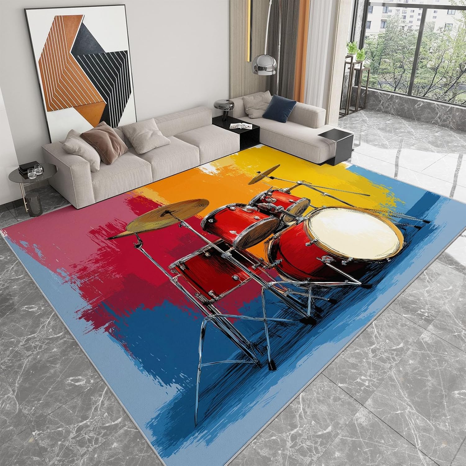 Area Rug for Living Room 8x10 ft Colorful Graffiti Drum Kit Machine Washable Non-Slip Rugs, Soft Accent Rugs, Lightweight Carpet, Foldable Easy Care, Stylish Indoor Area Rug
