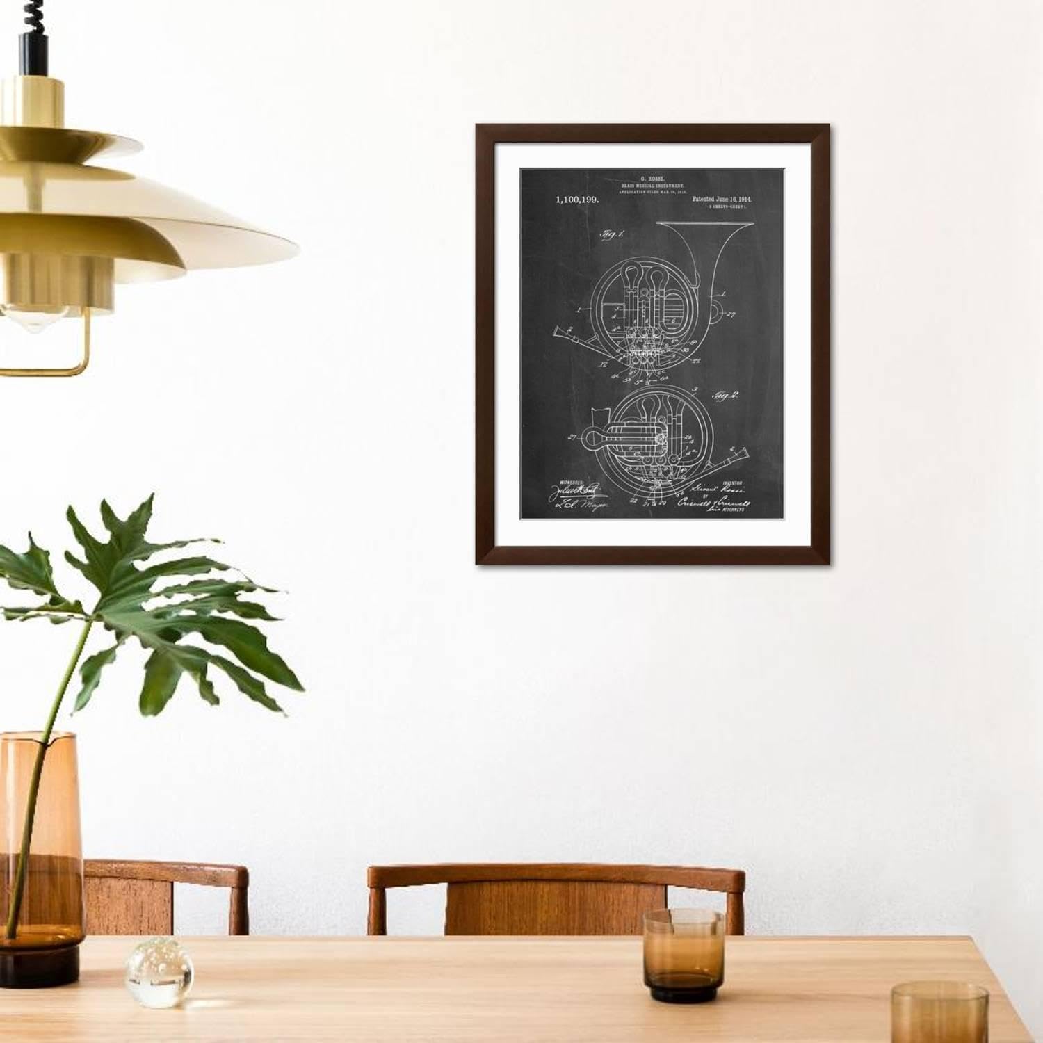 ART.COM Wall Art Print French Horn Instrument Patent on Brown Frame, 32