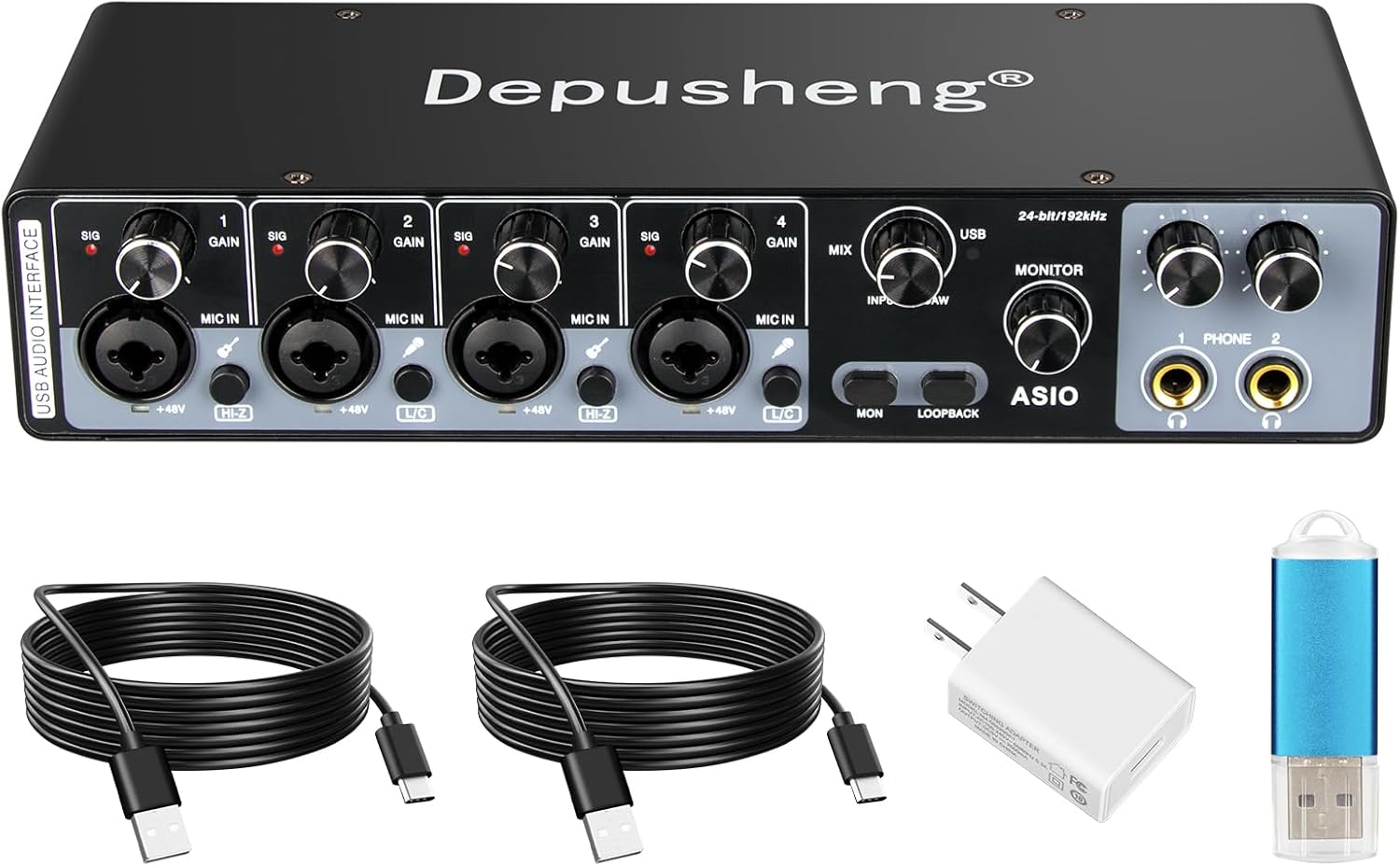 Depusheng USB Audio Interface with ASIO Drivers, 24Bit 192Khz, Phantom Power +48v, Low Latency for Home Studio Recording, PC/MAC Compatible (4 CHANNEL)