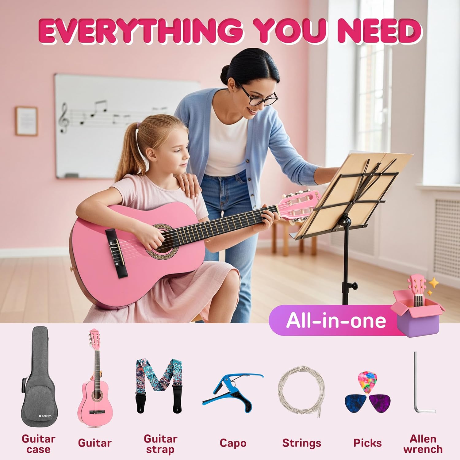 CAHAYA Classical Guitar Kit 30”- Kids Guitar Set with Okoume Neck, Case Bag, Nylon Strap, Picks, Musical Gift for Beginners Girls
