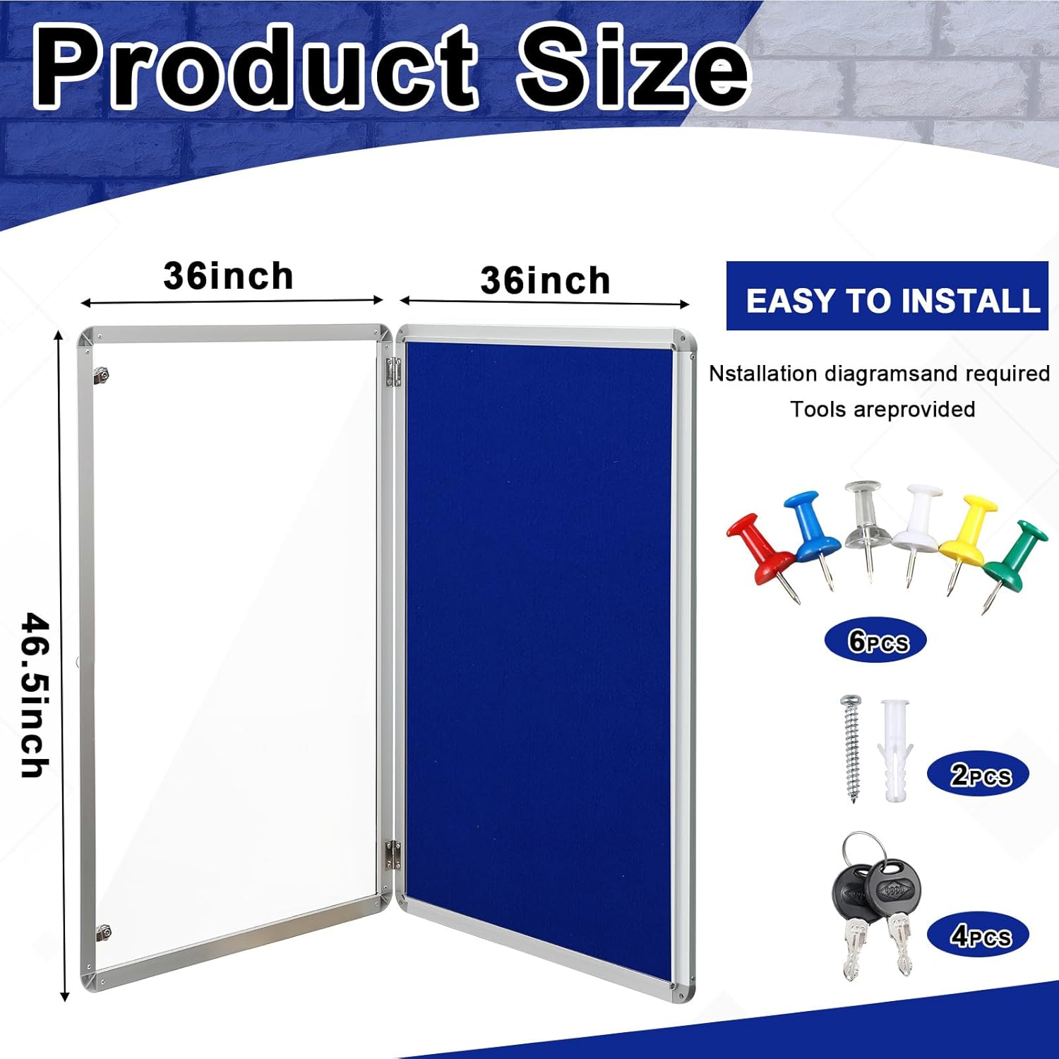 Blue Enclosed Bulletin Boards 36 x 46.5 Inch Lockable Noticeboard Displays Cork Boards Wall with Locking Door, Outdoor Bulletin Board Windproof Ideal for School Office Notices