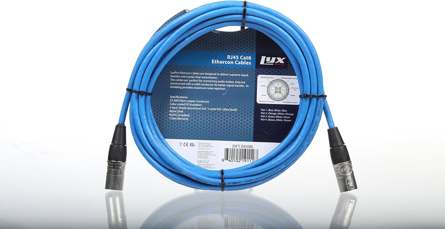 LyxPro Multi Network Breakout for Stage & Recording Studio 4-Channel XLR to Single 6' Ethercon Cat6 Cable - AES & DMX Channels