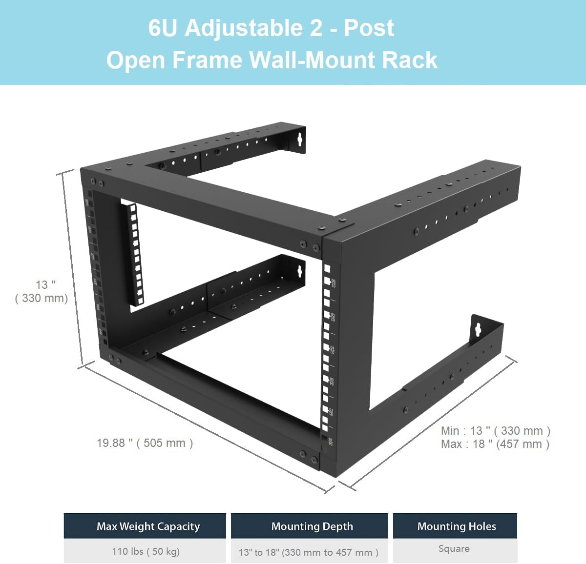 Jingchengmei 6U Wall Mount Open Frame Rack-19 Inch Server Equipment Rack- Adjustable Depth 13-18 Inches 2 Post Open Frame Cabinet- Black (6U13-18InD)
