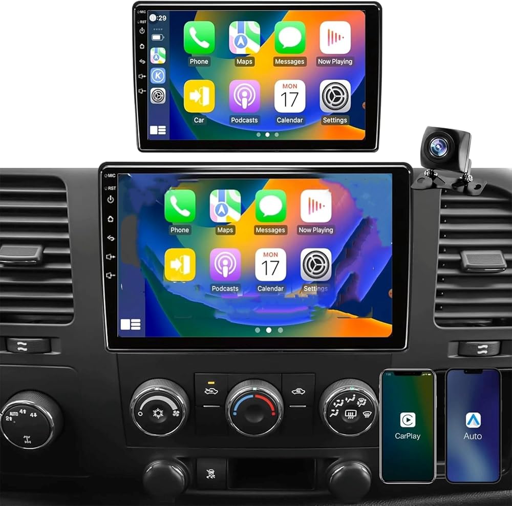 with Carplay for Silverado 2500 Hd LTZ Extended Cab 2009 10 Inch Android 15 Car Stereo with Touch Screen Wireless CarPlay & Android Auto, 4G+64G, Double Din, Bluetooth, GPS Navigation, Backup Camera