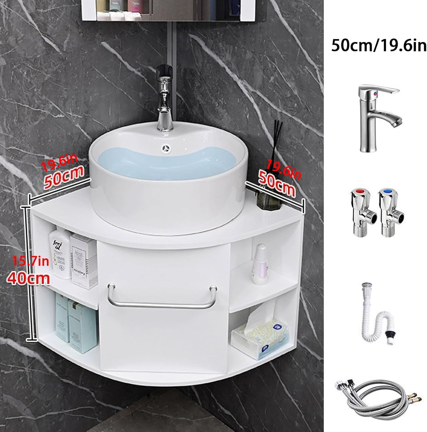 Corner Bathroom Sink, Wall Mount Corner Bathroom Vanity, Ceramic Sink Cabinet with Storage Container, Triangle Shaped Wash Basin for Home(50cm/19.6in)