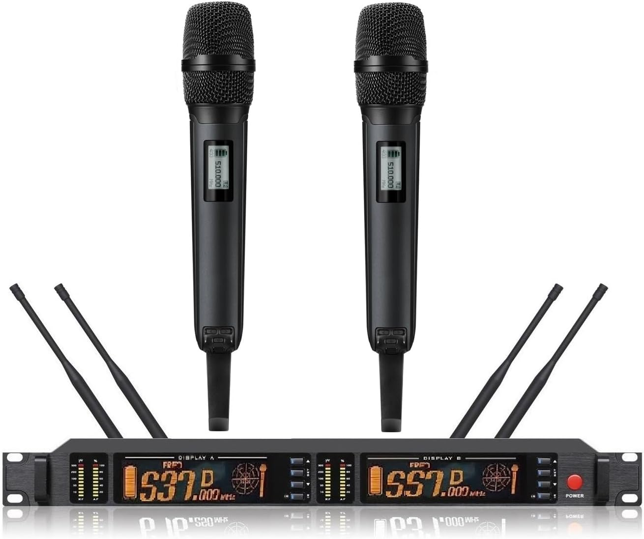 Dual Wireless Microphone System UHF Professional Vocal Karaoke Singing Cordless Digital Handheld Transmitter, SKM 9000, Black