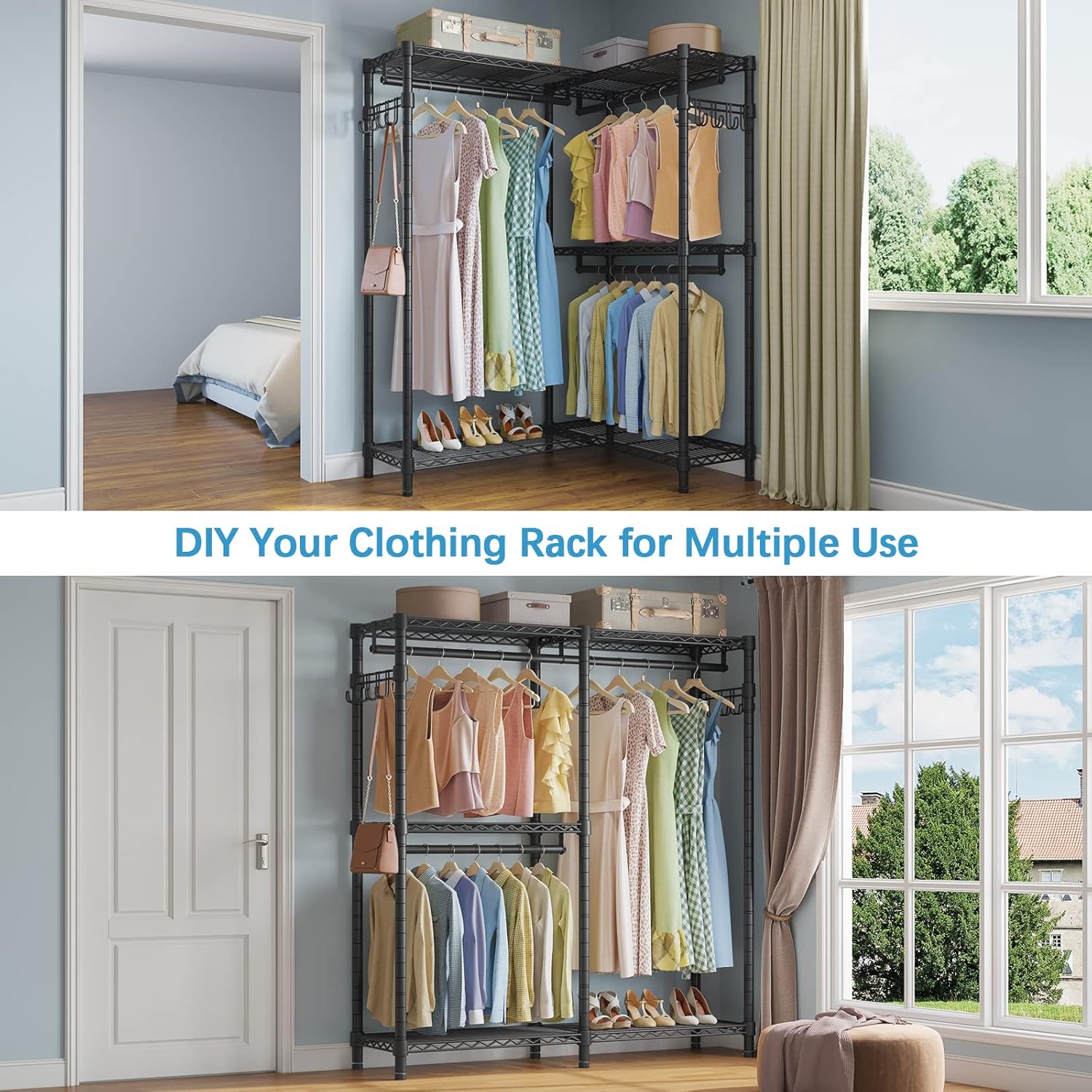 VIPEK L4 Garment Rack L Shaped Clothes Rack for Corner, Freestanding Portable Wardrobe Closet Heavy Duty Clothing Rack with 3 Hanging Rods & 2 Side Hooks, 43.3