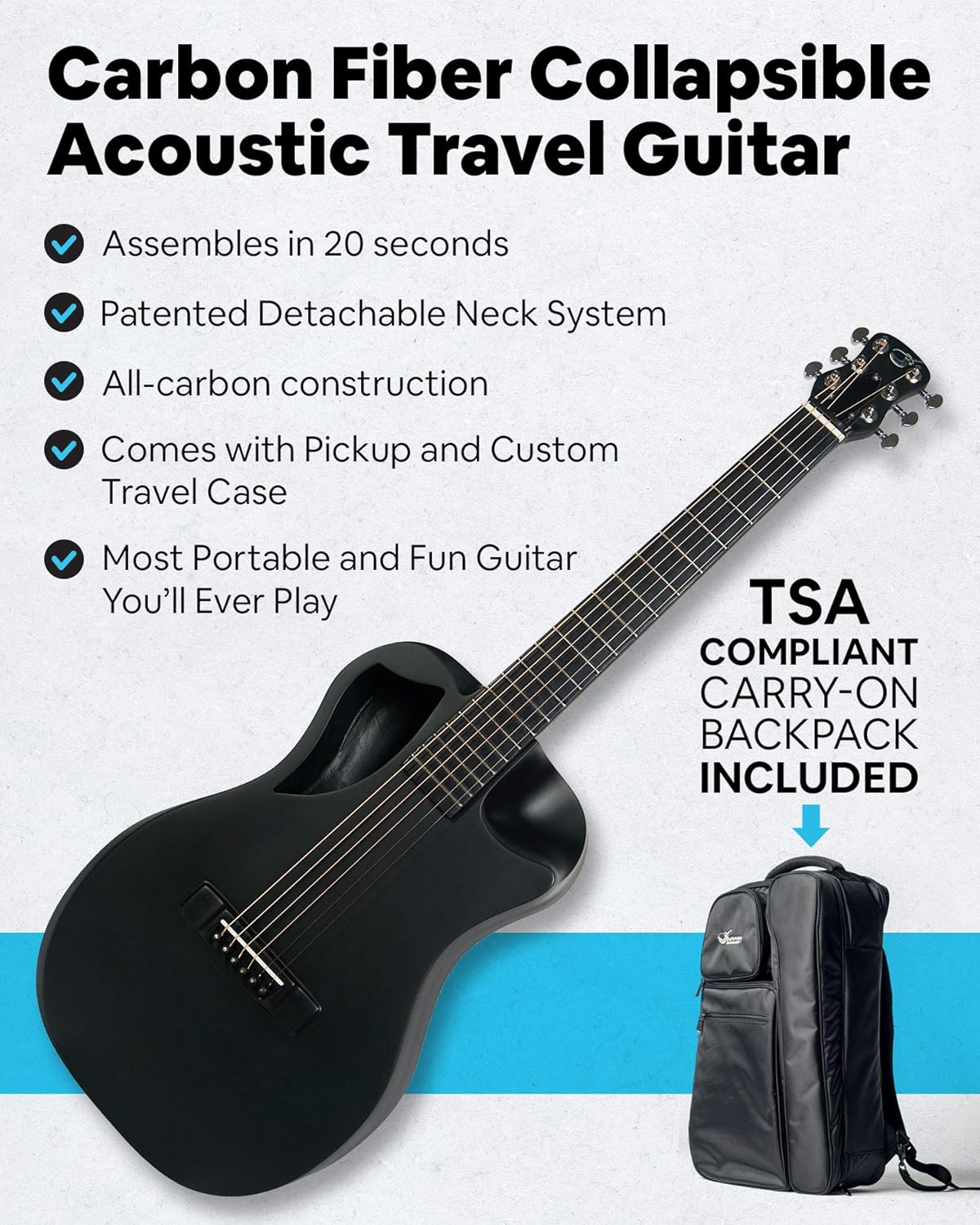 Journey Instruments Carbon Fiber Travel Guitar – OF660M Traveling Acoustic Guitar with Collapsible Patented System – Portable Backpack Case (Matte Black)