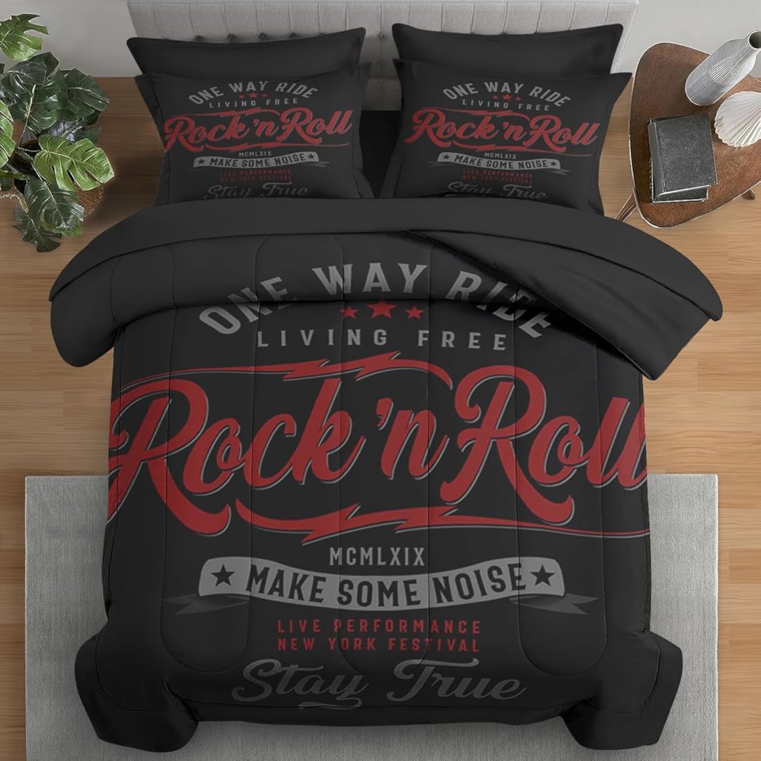 Comforter Set Queen Size, Vintage Music Boys 7 Pcs Bedding for Kids and Adults, Retro Rock Roll Black Red Bed Sheet Sets with Fitted Sheet 2 Pillowcase & 2 Sham for Bedroom Bed Decor