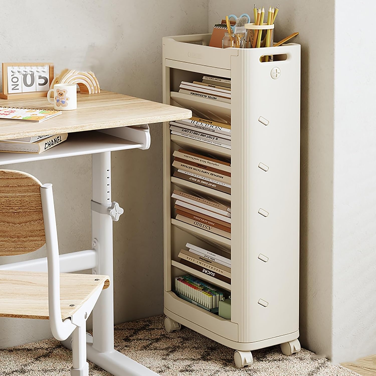 Rolling Bookshelf, Mobile Storage Book Shelf with Wheels, Bookcase Storage Rack, Slim Utility Organizer, Smooth Surface, for Office, Library, Dorm, Study Room