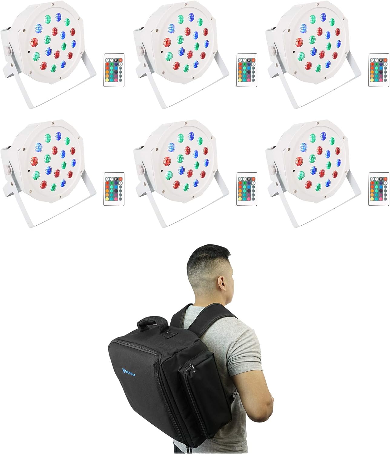 Rockville Battery PAR 50 Bundle: (6) Rechargeable RGB LED DMX Wash Uplights with Remote, RLBP6 Padded Backpack Bag for Six Fixtures, 7-Items