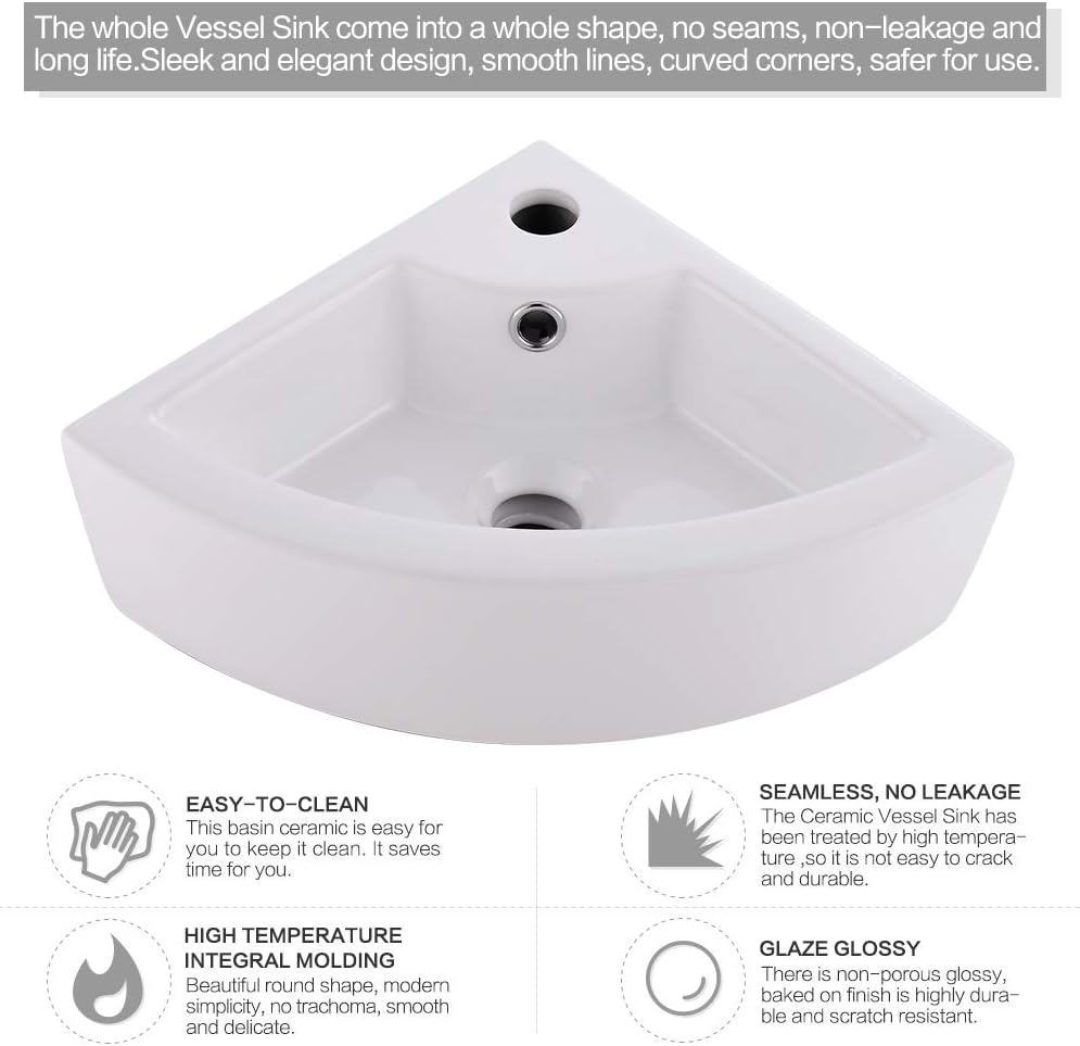 Small Corner Wall Mount Bathroom Sink and Faucet Combo - VOKIM White Porcelain Ceramic Above Counter Mini Vanity Vessel Sink with Chrome Faucet and Pop-up Drain Combo