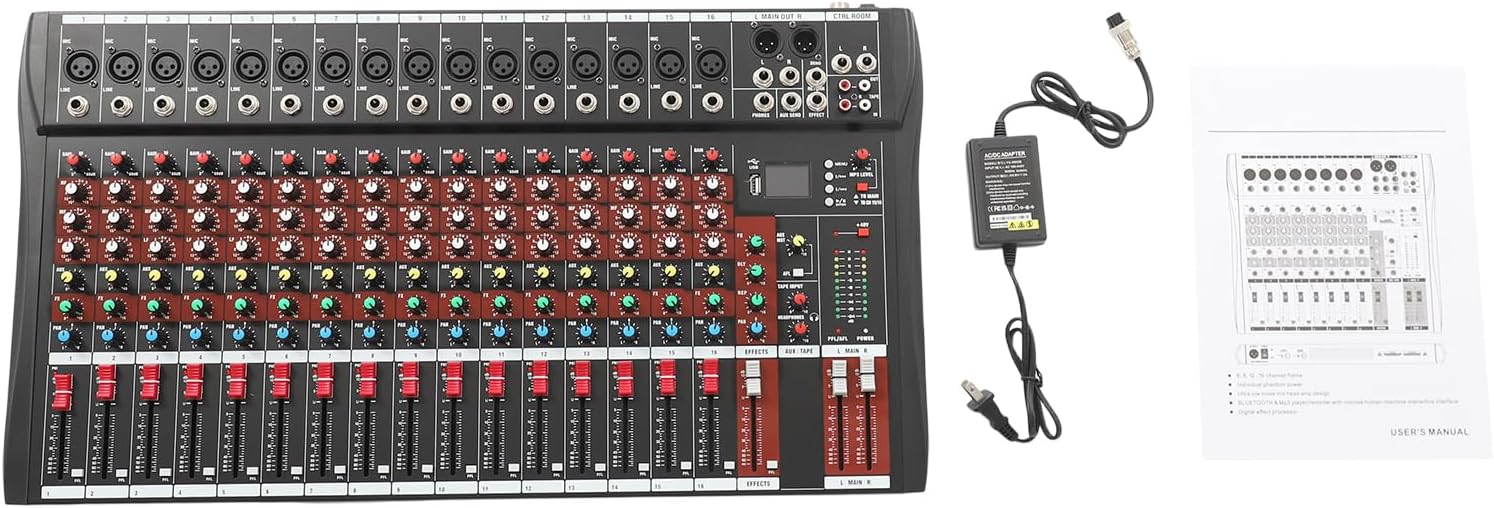 16 Channel Professional DJ Audio Mixer Sound Board Console Interface Digital 48V Phantom Power Stereo DJ Studio Streaming for Recording, Podcasting
