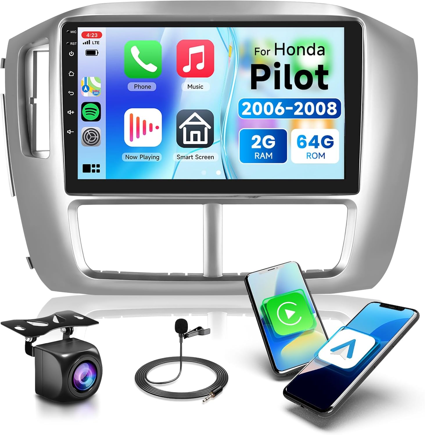 2G+64G Car Radio Stereo for Honda Pilot 2006 2007 2008, Wireless CarPlay Android Auto, 9 Inch IPS Touch Screen Android 13 GPS WiFi Bluetooth 32-Band DSP SWC AHD Camera